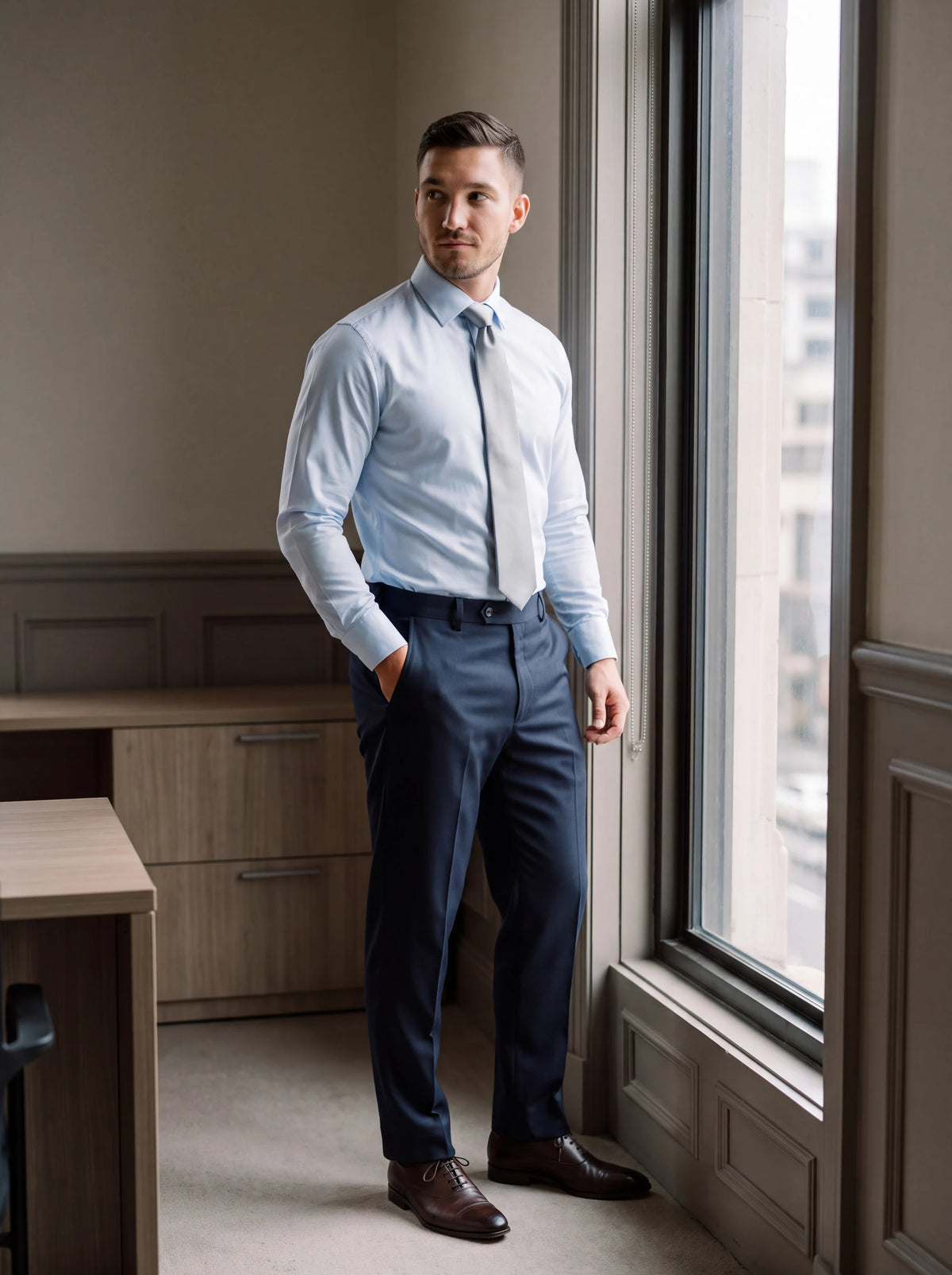 Dark Navy Twill Pants worn by a model, bank office window280