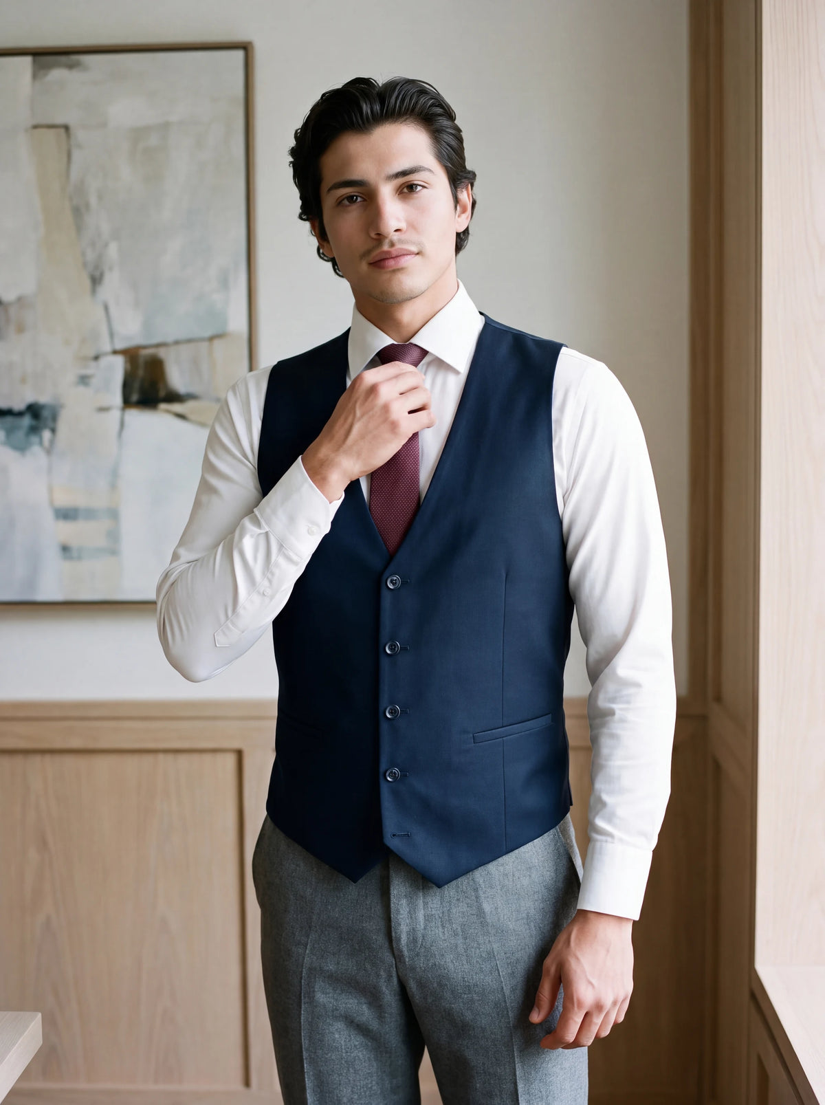 Dark Navy Twill Vest worn by a model, private bank meeting room839