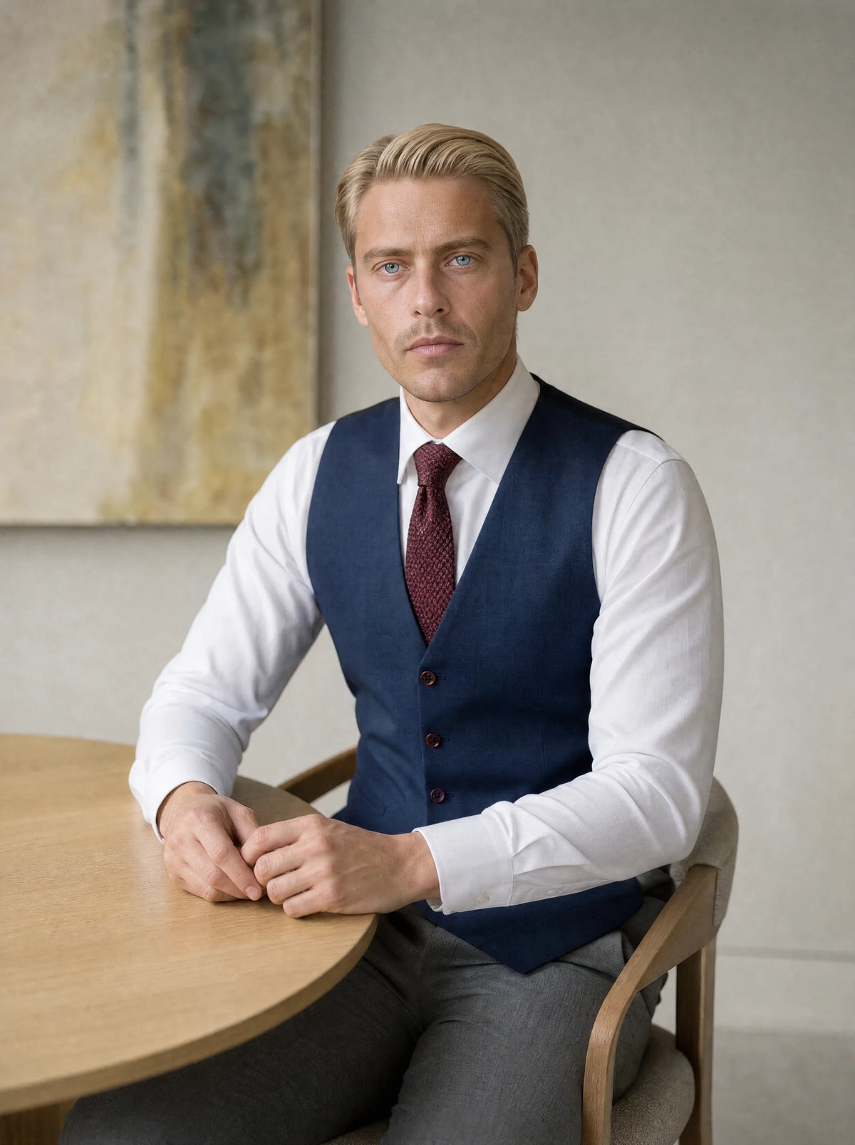 Deep Blue Crosshatch Vest worn by a model, private bank meeting room958