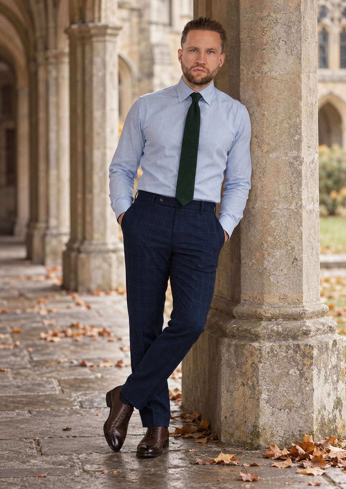 Deep Blue Flannel Windowpane Pants worn by a model, college cloister194