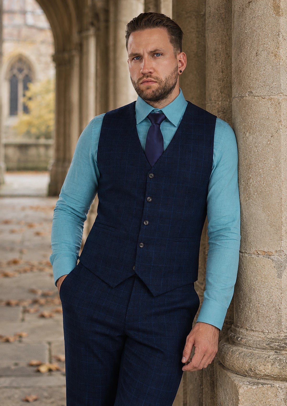 Deep Blue Flannel Windowpane Vest worn by a model, college cloister224