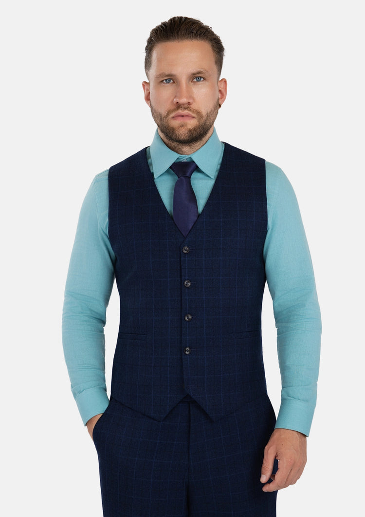 Deep Blue Flannel Windowpane Vest - SARTORO641