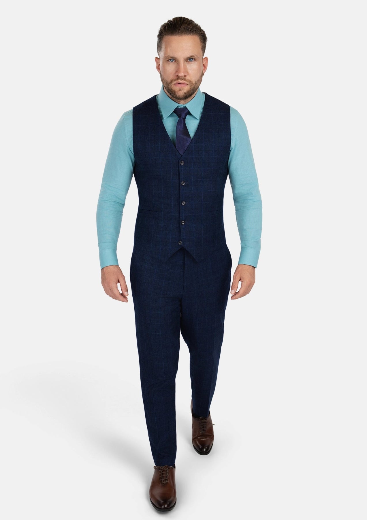 Deep Blue Flannel Windowpane Vest - SARTORO