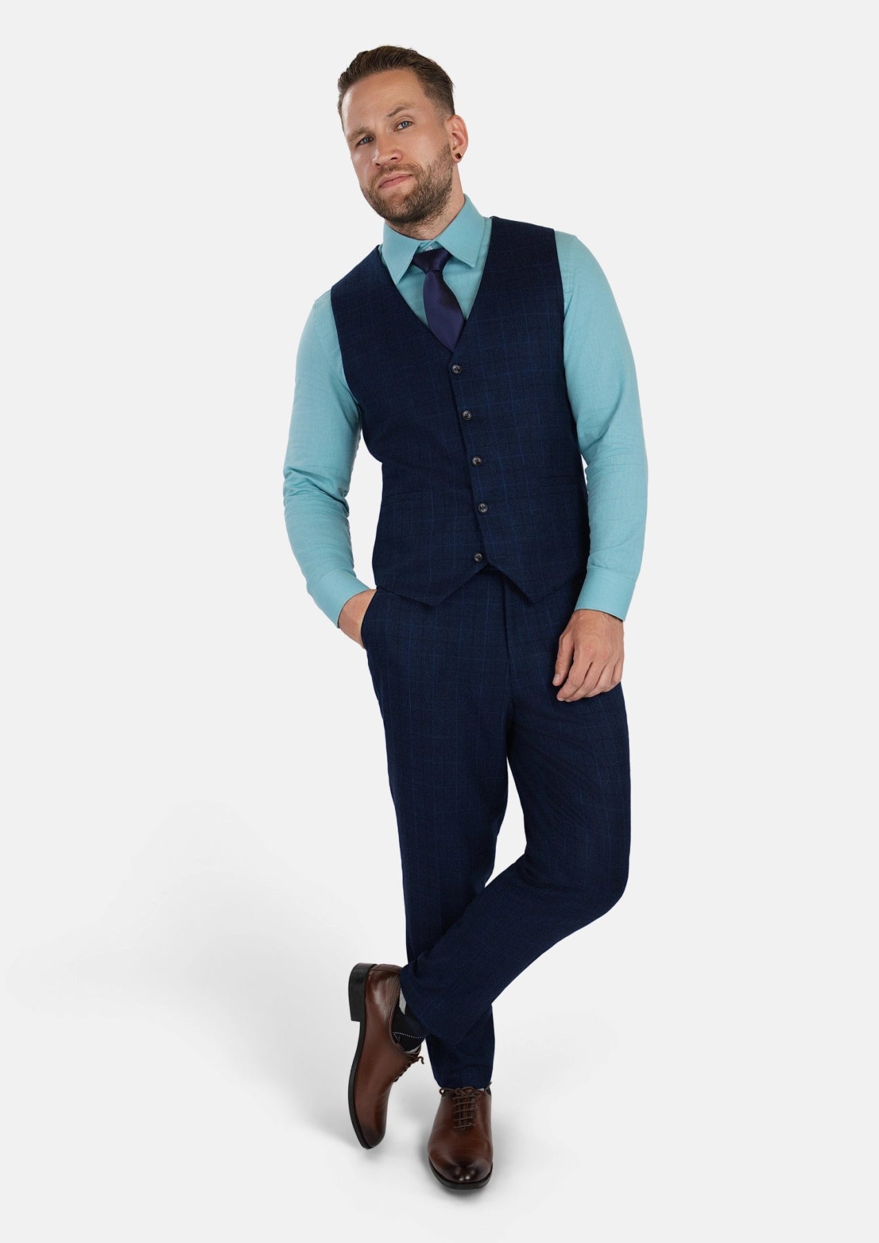 Deep Blue Flannel Windowpane Vest - SARTORO