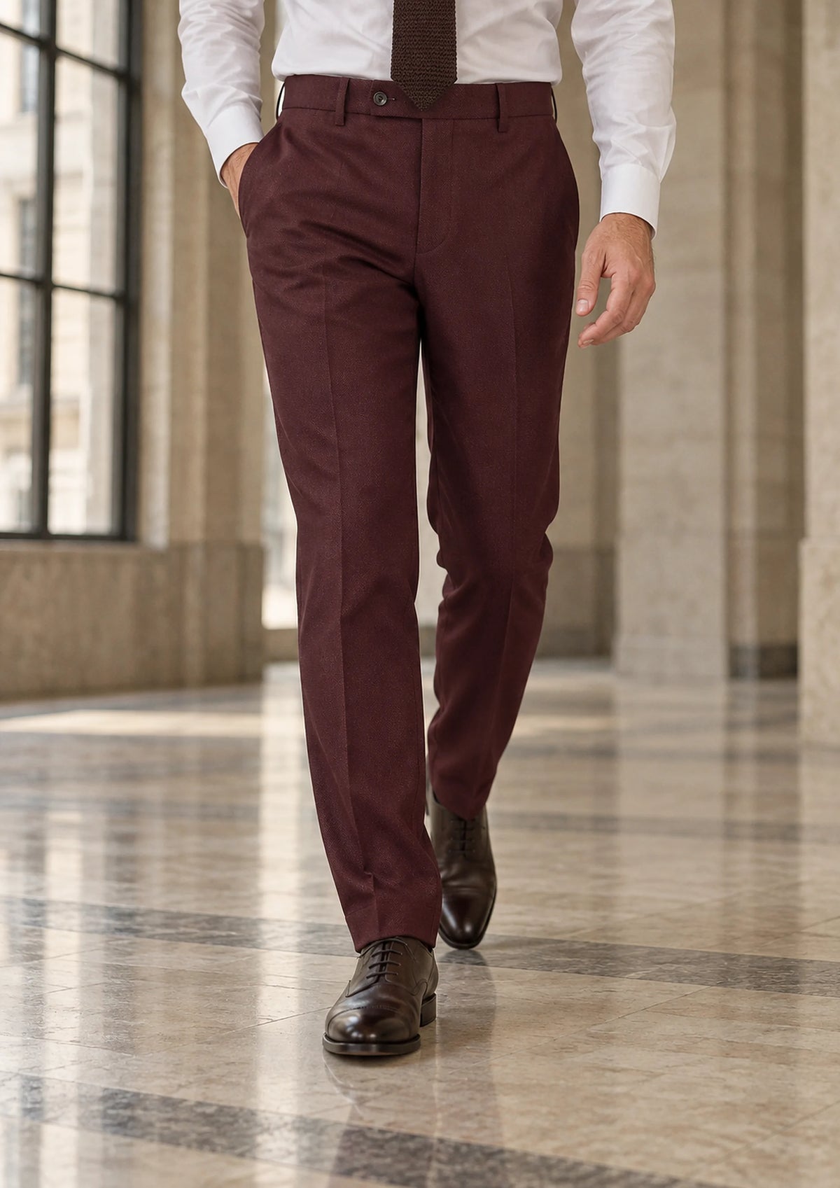 Deep Burgundy Birdseye Pants worn by a model, office lobby 1930s840