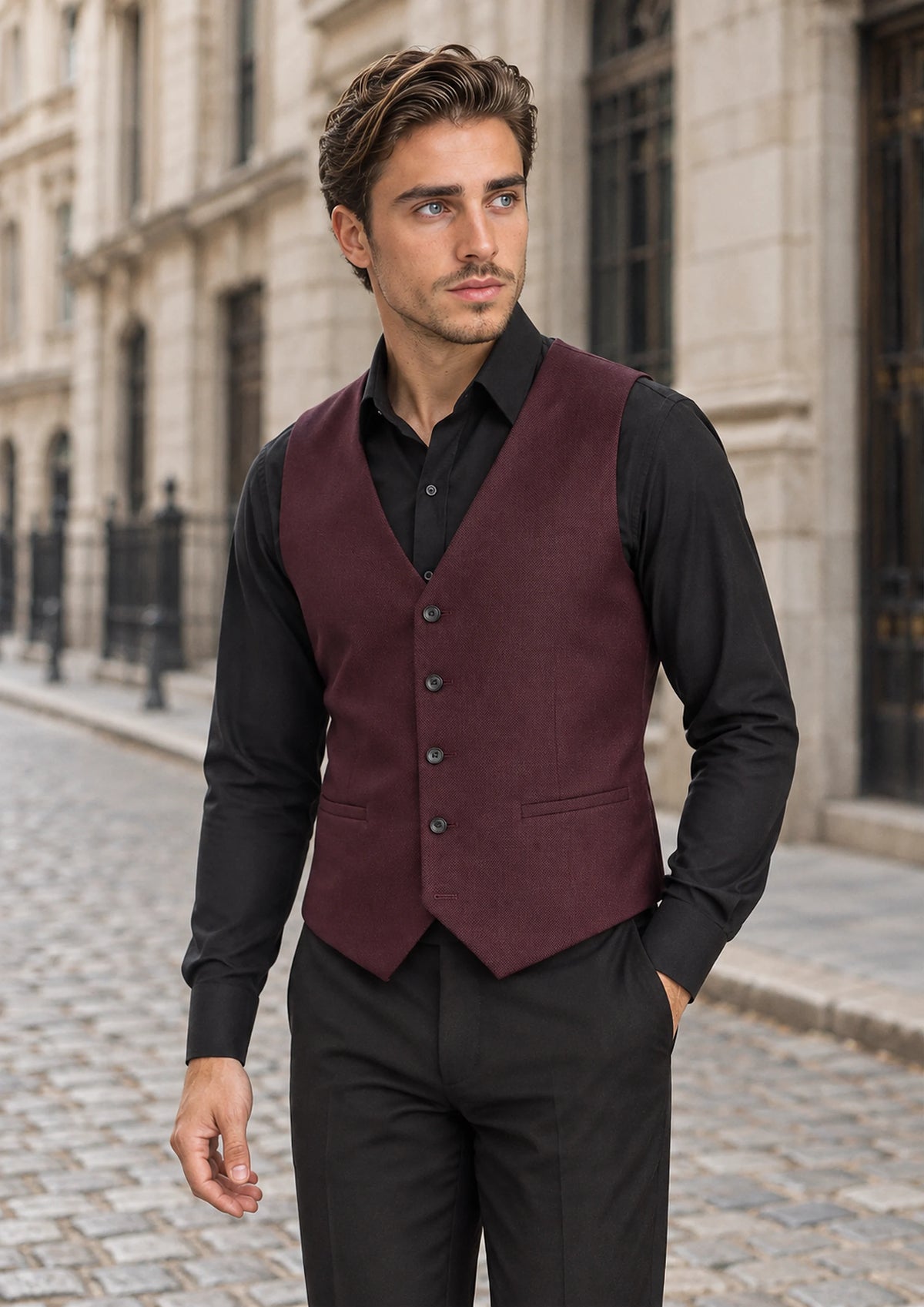 Deep Burgundy Birdseye Vest worn by a model, financial district street244