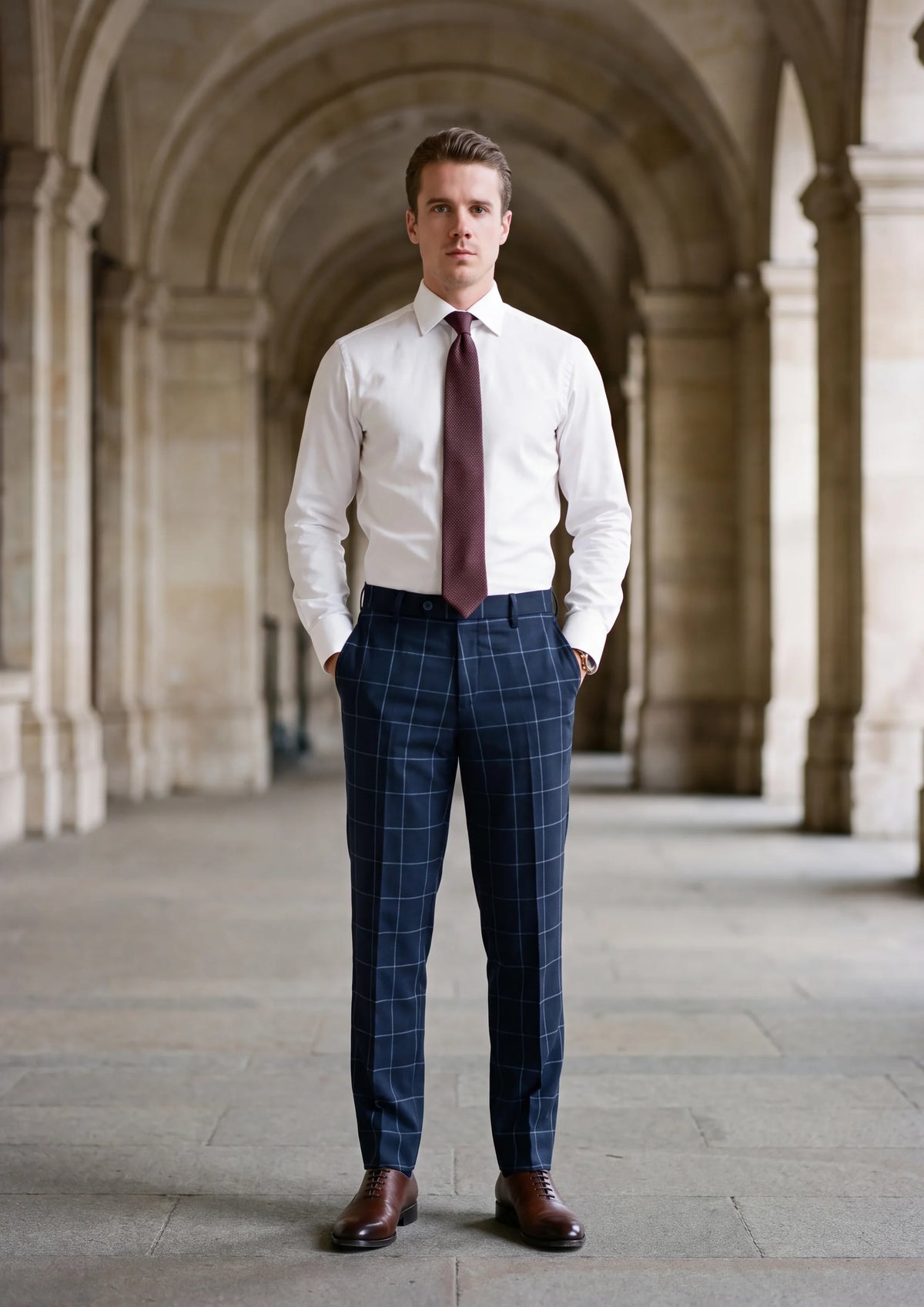 Deep Navy Windowpane Pants worn by a model, railway station concourse99