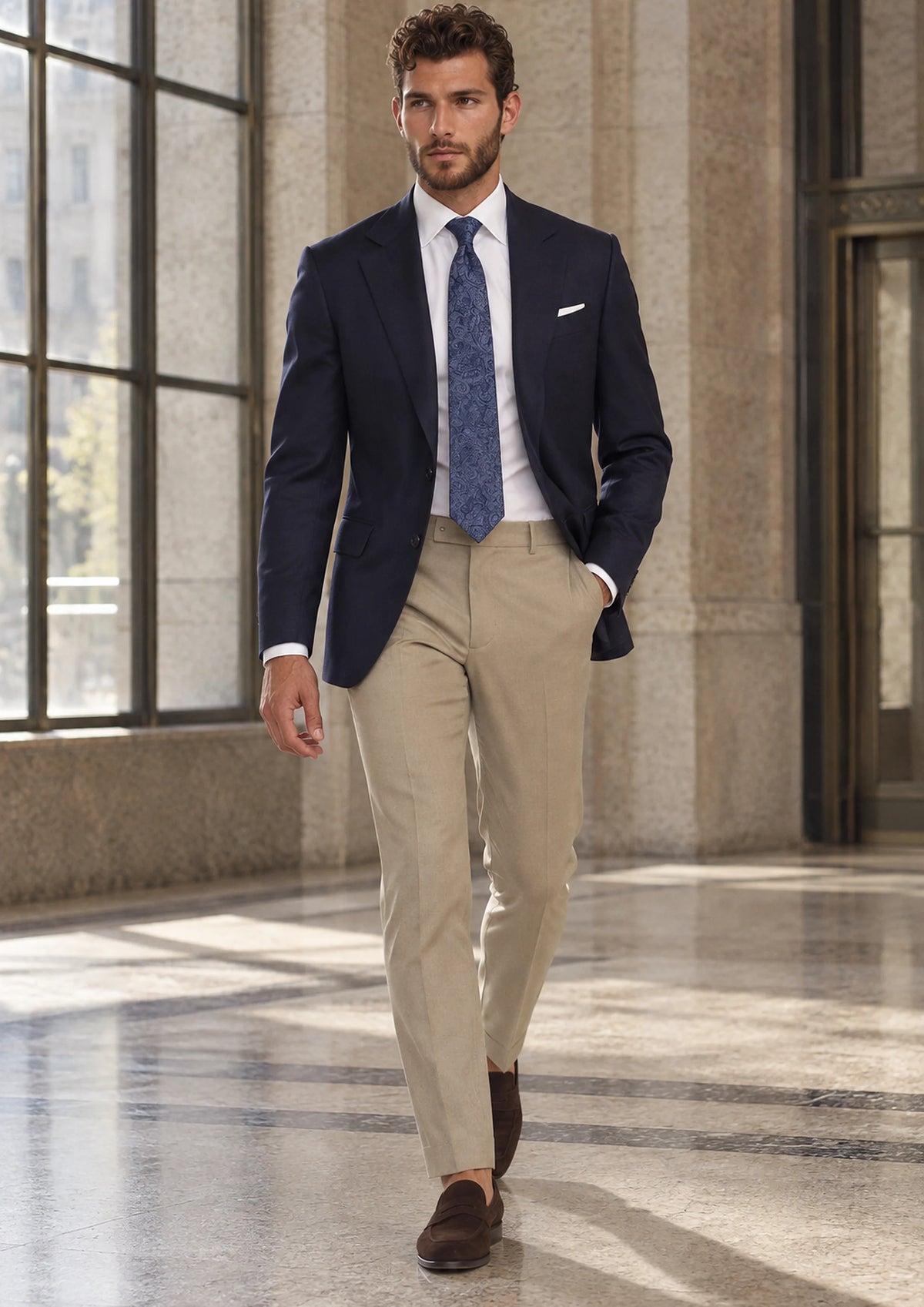 Deep Navy Ellis Jacket worn by a model, office lobby 1930s469