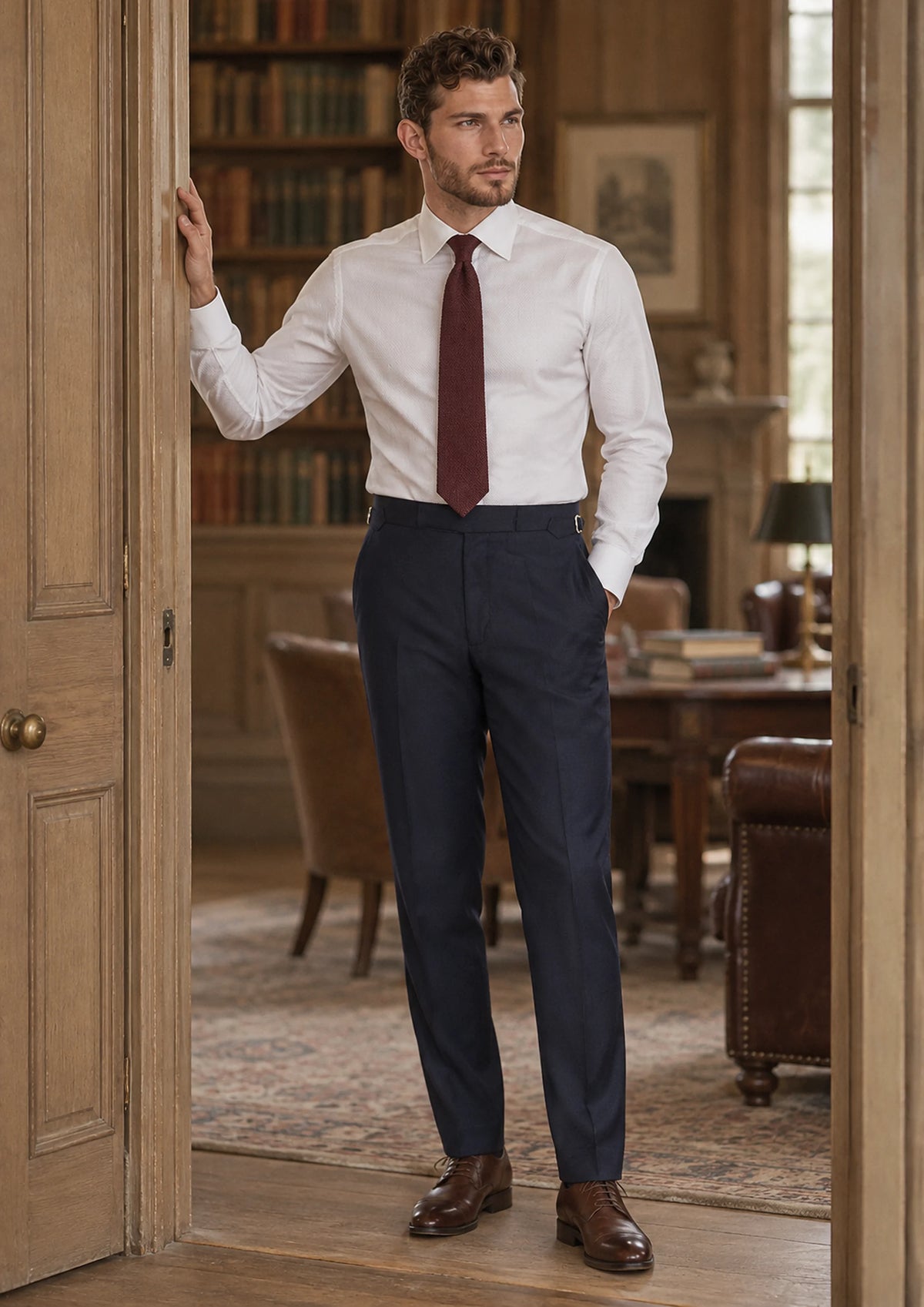 Deep Navy Pants worn by a model, club reading room505