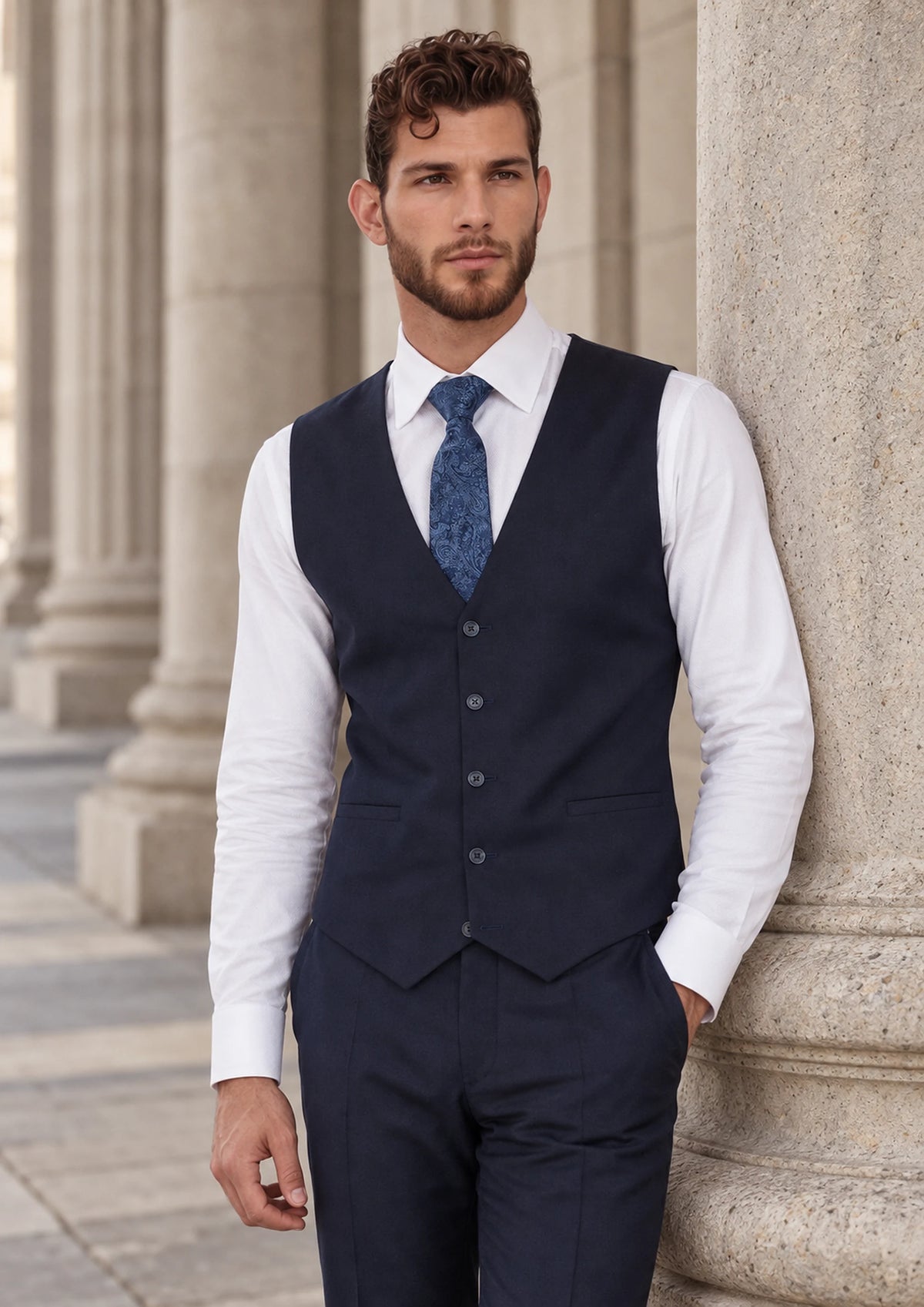 Deep Navy Vest worn by a model, courthouse portico75