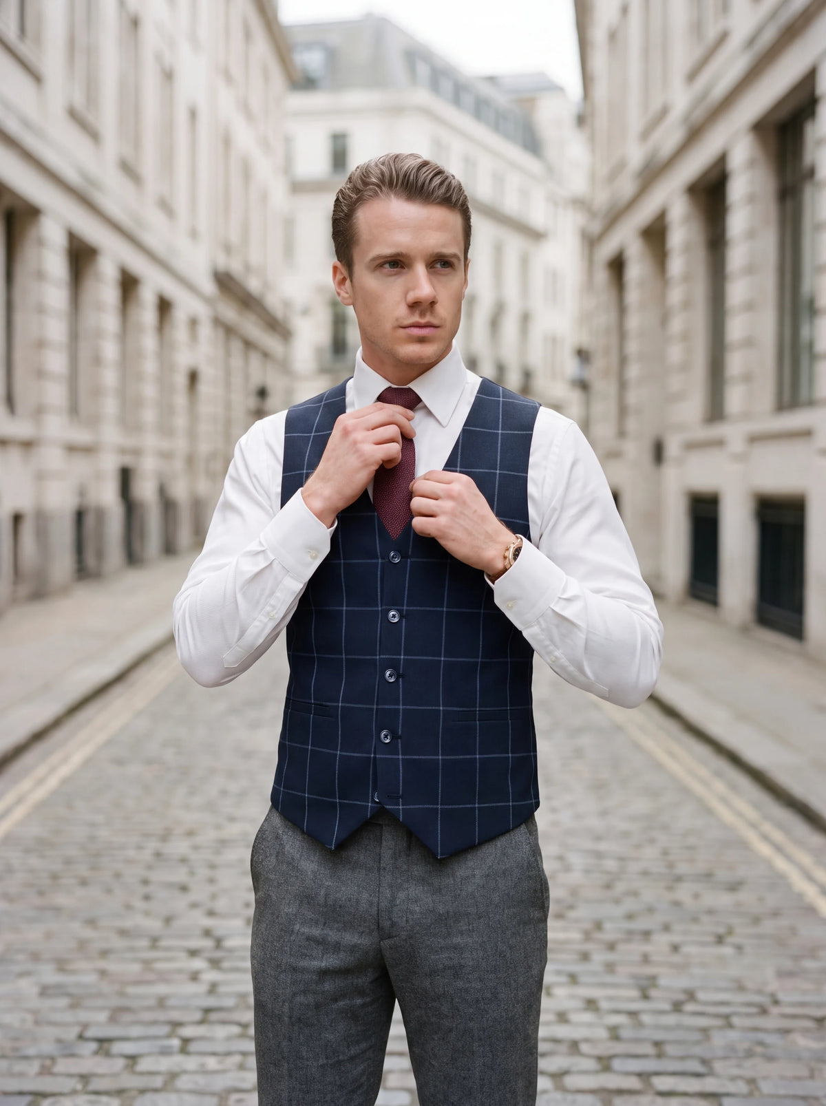 Deep Navy Windowpane Vest worn by a model, financial district street710