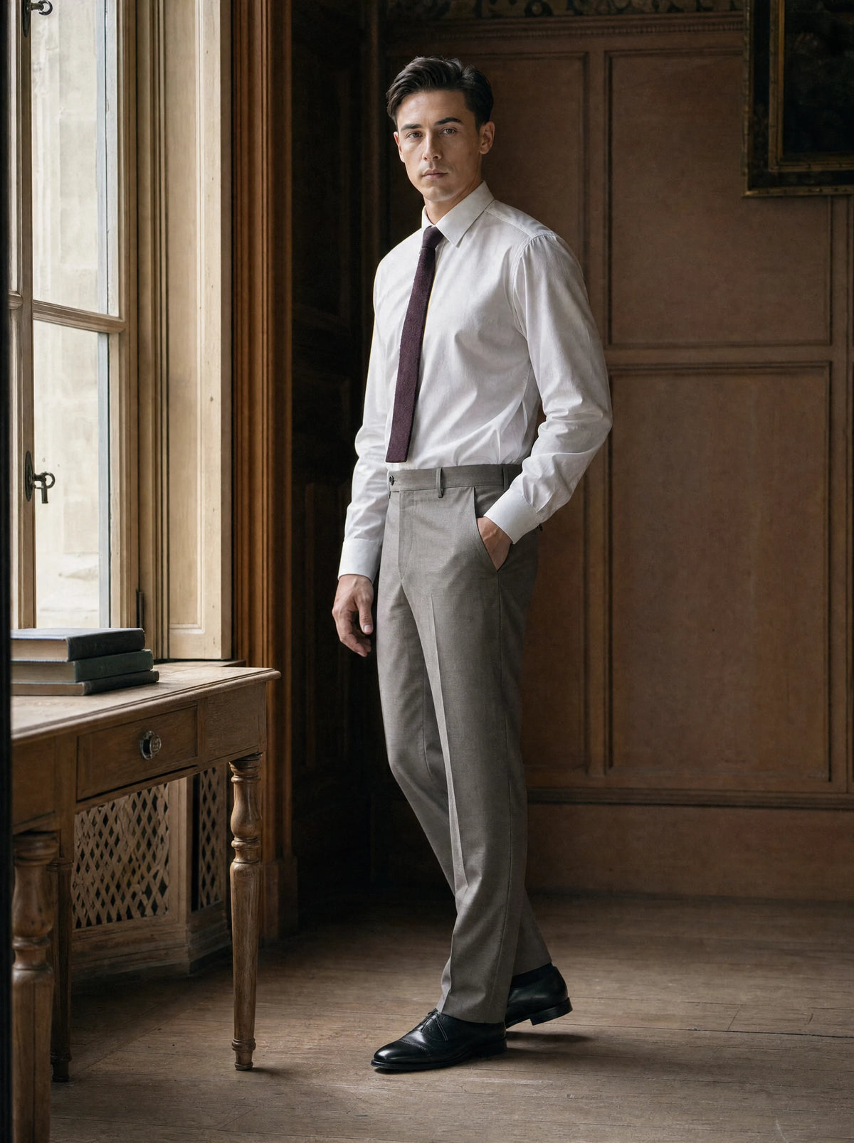 Dorian Grey Sharkskin Pants worn by a model, faculty reading room323