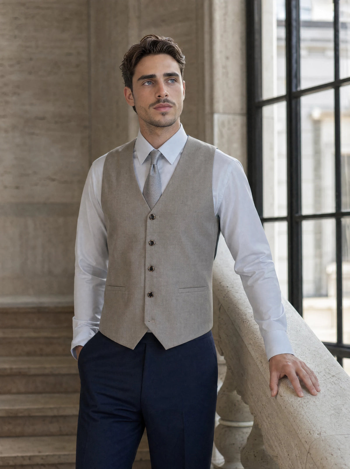 Dorian Grey Sharkskin Vest worn by a model, office lobby 1930s76
