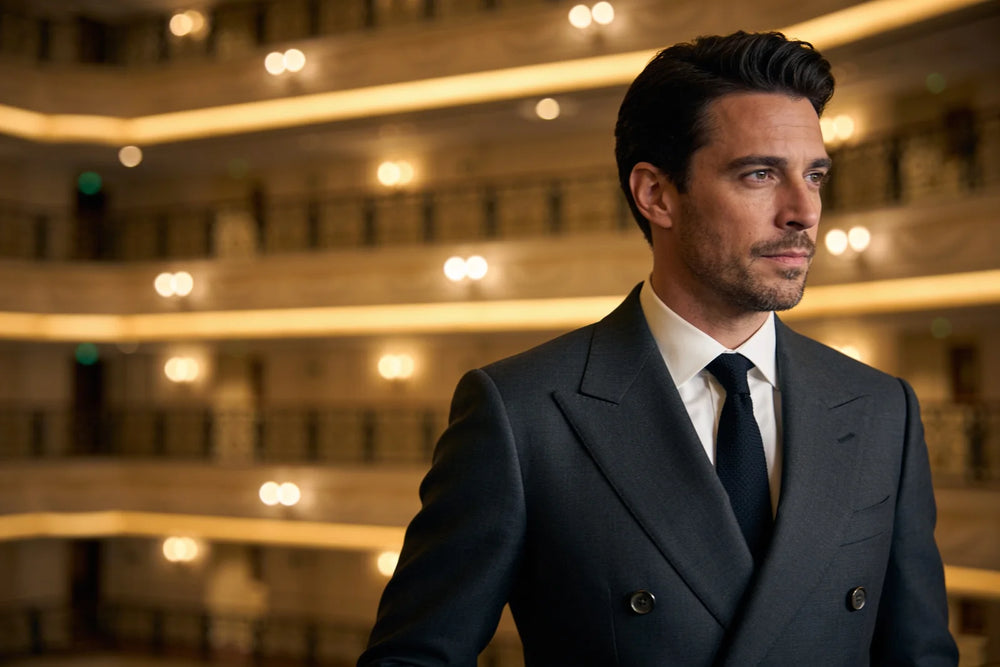 Man in a charcoal double-breasted suit at a formal evening event