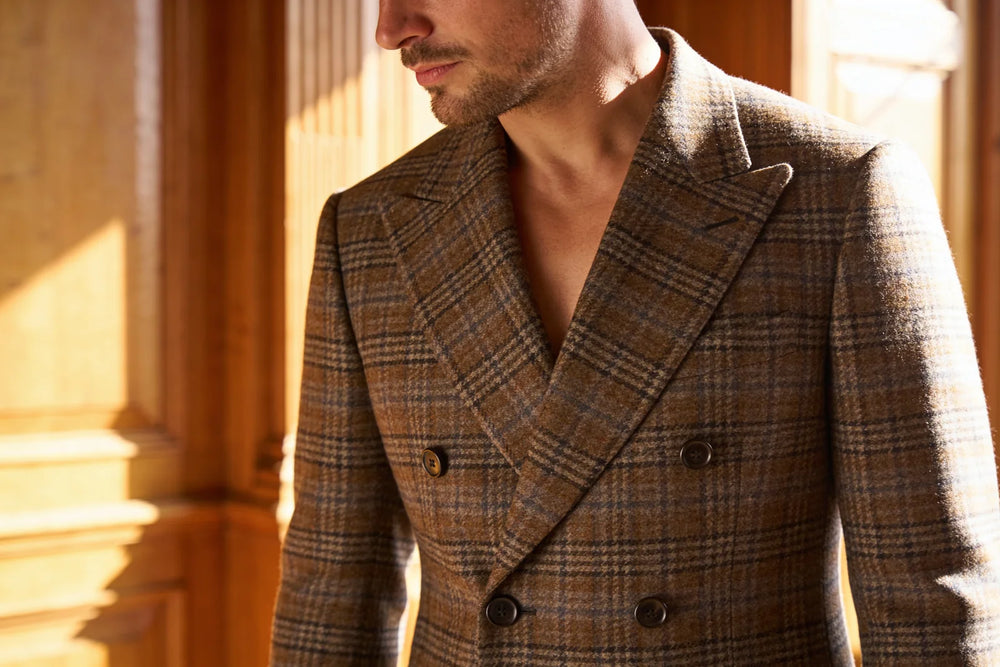 Prince of Wales check double-breasted jacket showing the glen-check fabric