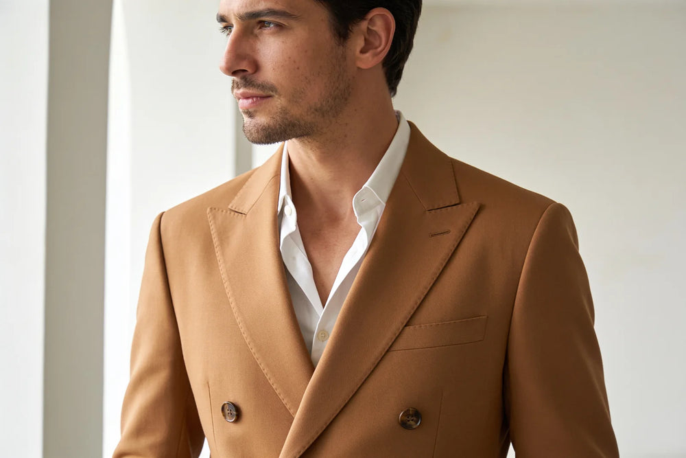 Man in a tan double-breasted suit with an open collar in a bright interior