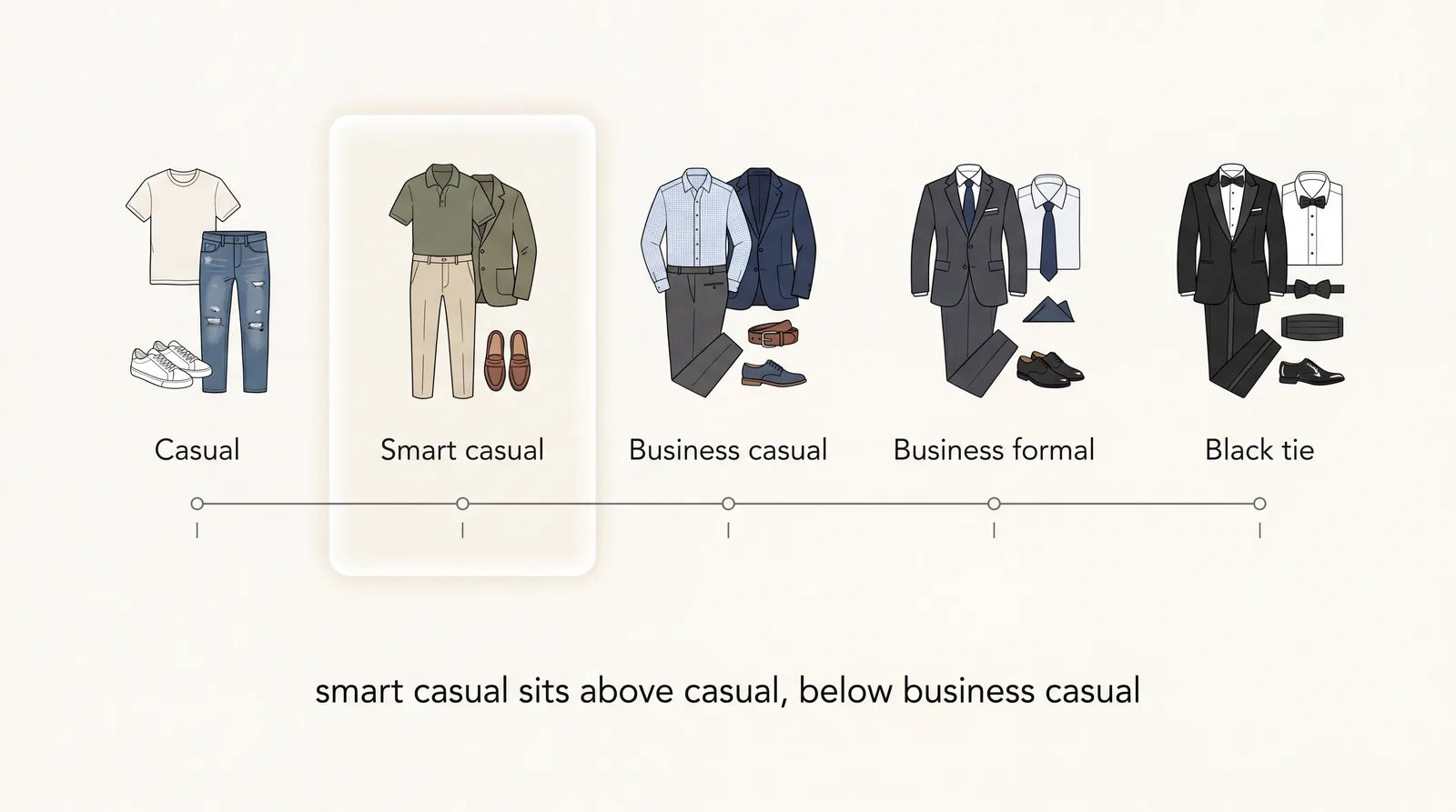 Dress code formality spectrum showing smart casual between casual and business casual