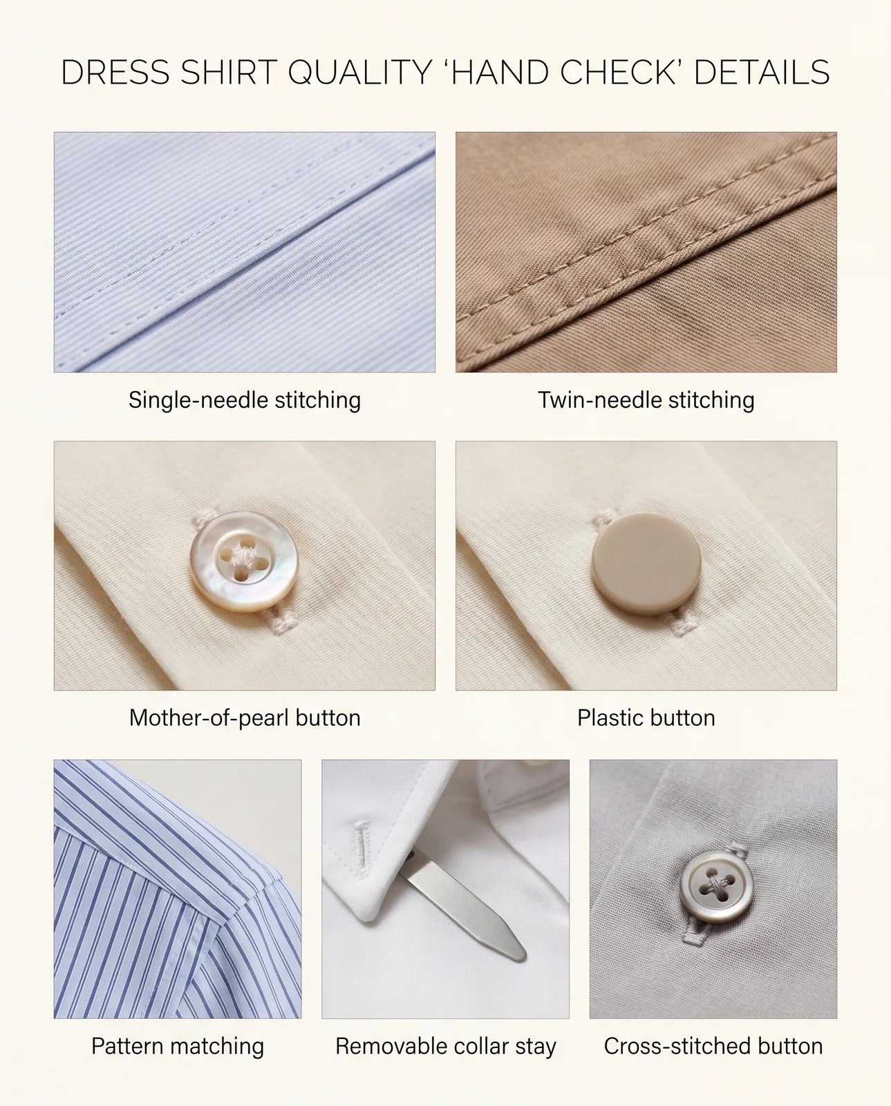 Dress shirt finishing checks: single-needle stitching, mother-of-pearl buttons, pattern matching, and a removable collar stay