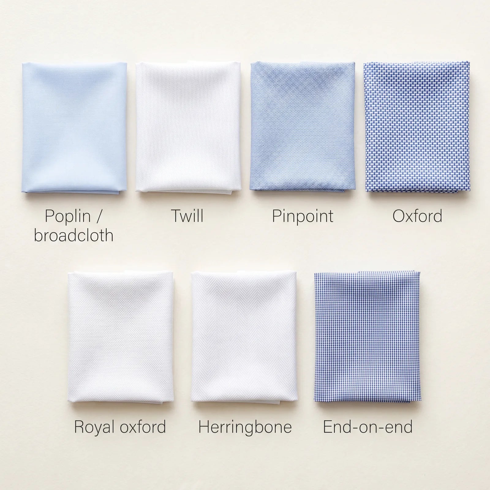 Dress shirt weaves compared: poplin, twill, pinpoint, oxford, royal oxford, herringbone, and end-on-end
