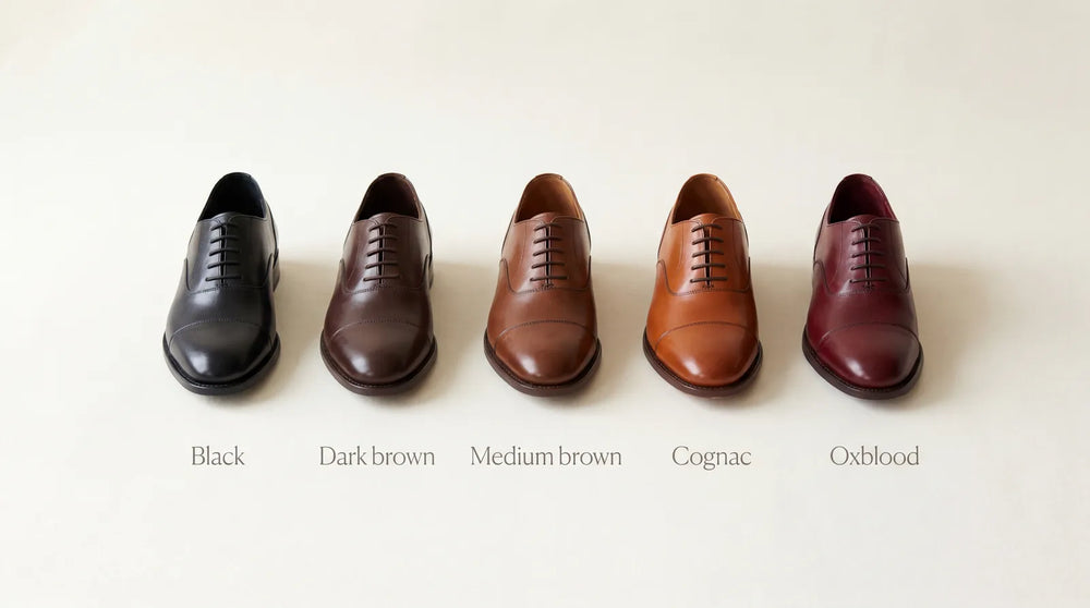 Dress shoe colors compared: black, dark brown, medium brown, cognac, and oxblood