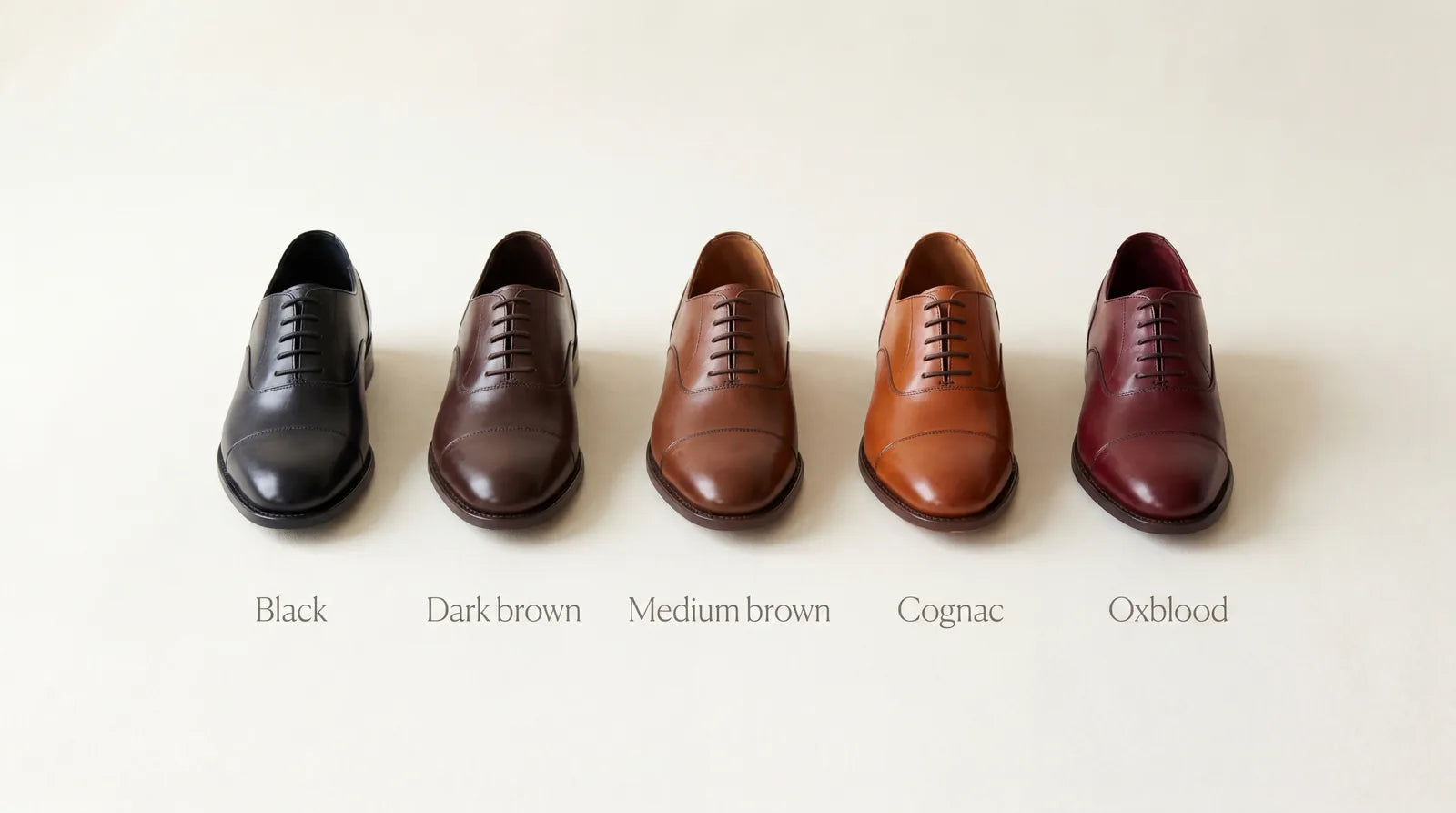 Dress shoe colors compared: black, dark brown, medium brown, cognac, and oxblood