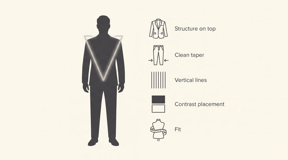 The V-shape principle: structure on top, clean taper, vertical lines, contrast placement, and fit