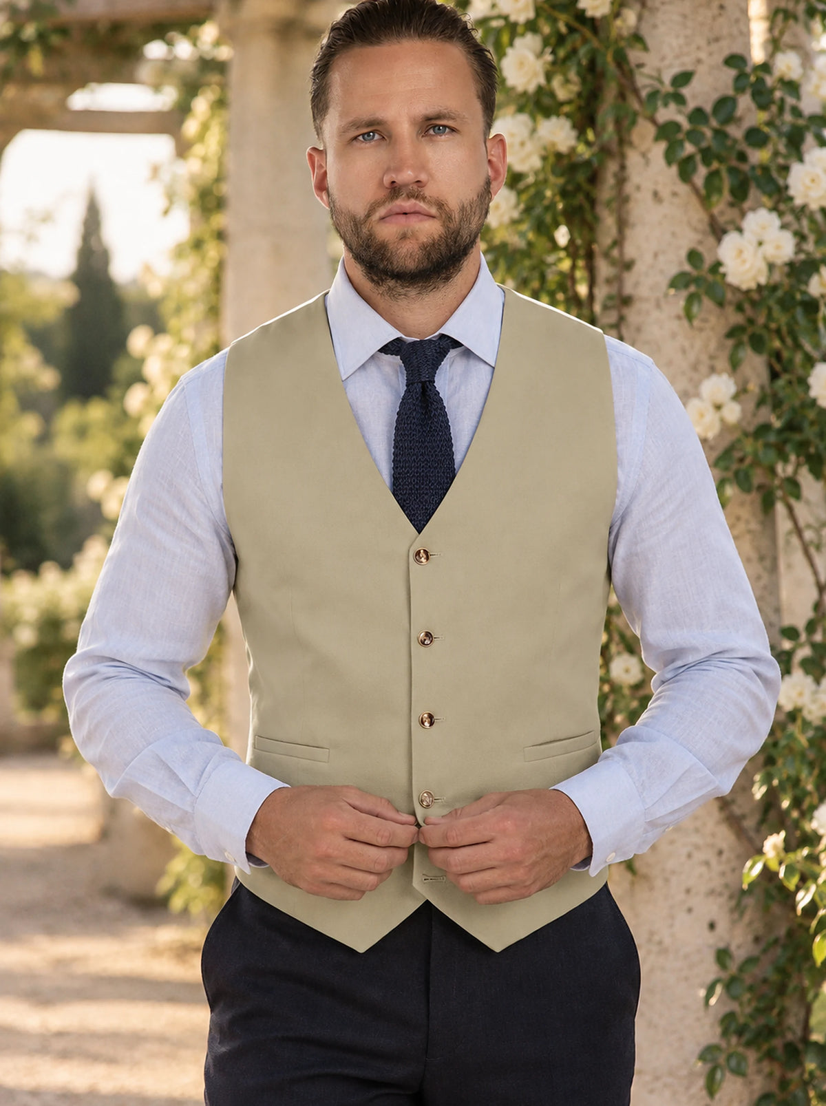 Dune Beige Cotton Vest worn by a model, garden wedding pergola713
