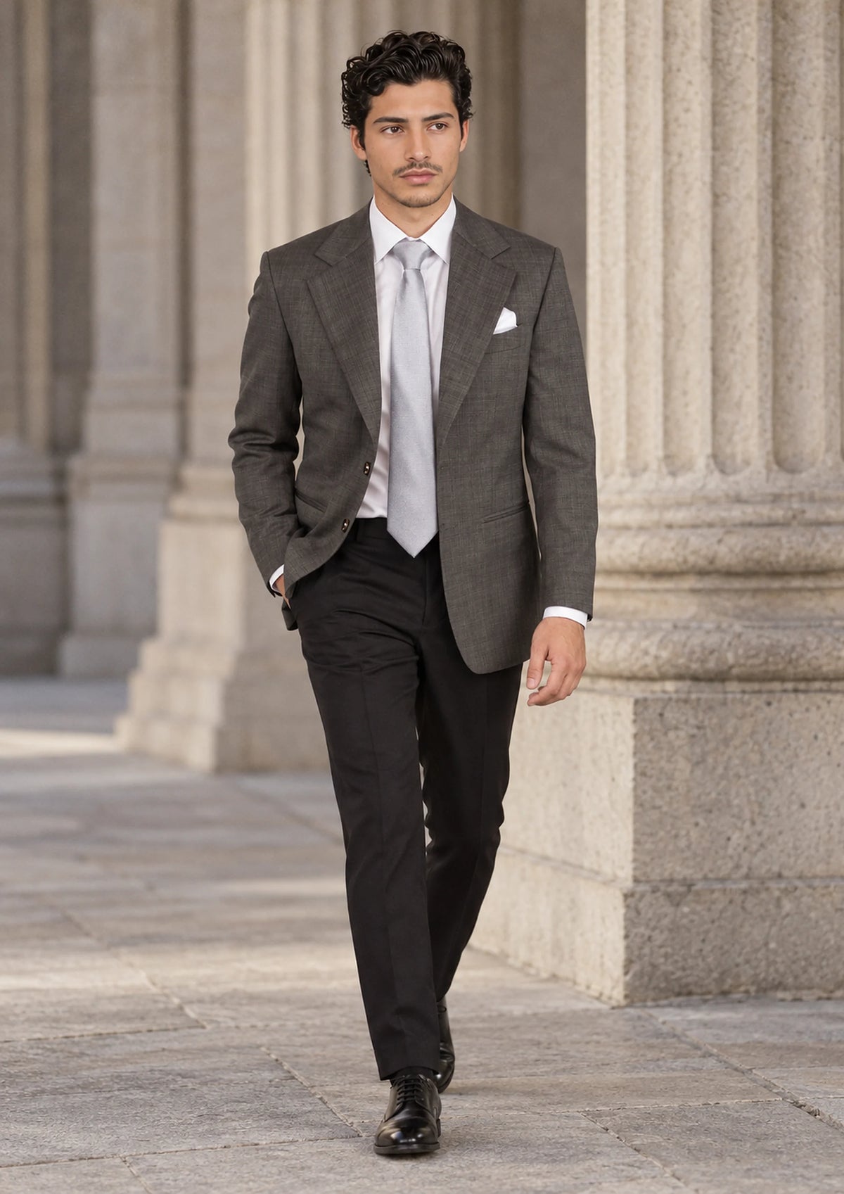 Ellis Carbon Grey Pindot Jacket worn by a model, courthouse portico768