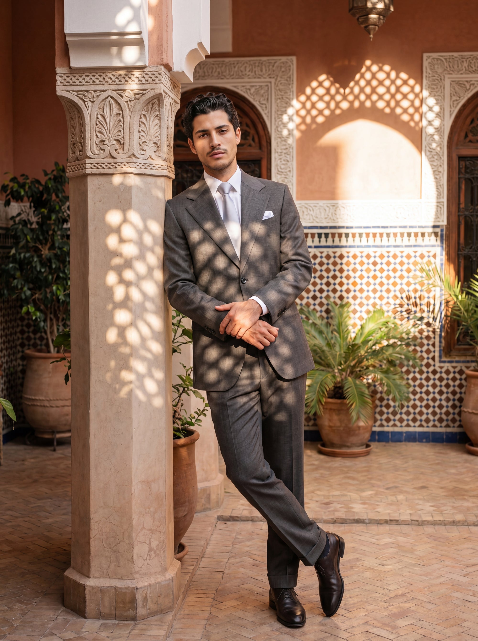 ellis-carbon-grey-pindot-suit-marrakech-courtyard351