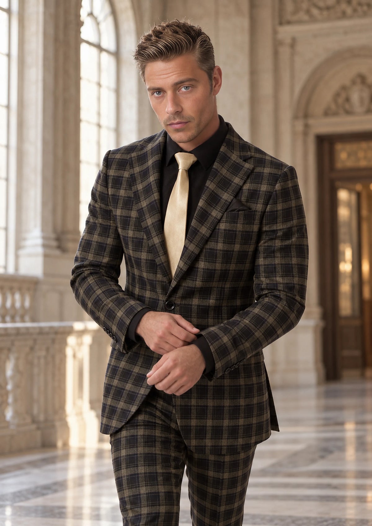 Ellis Black & Gold Check Jacket worn by a model, opera house foyer140