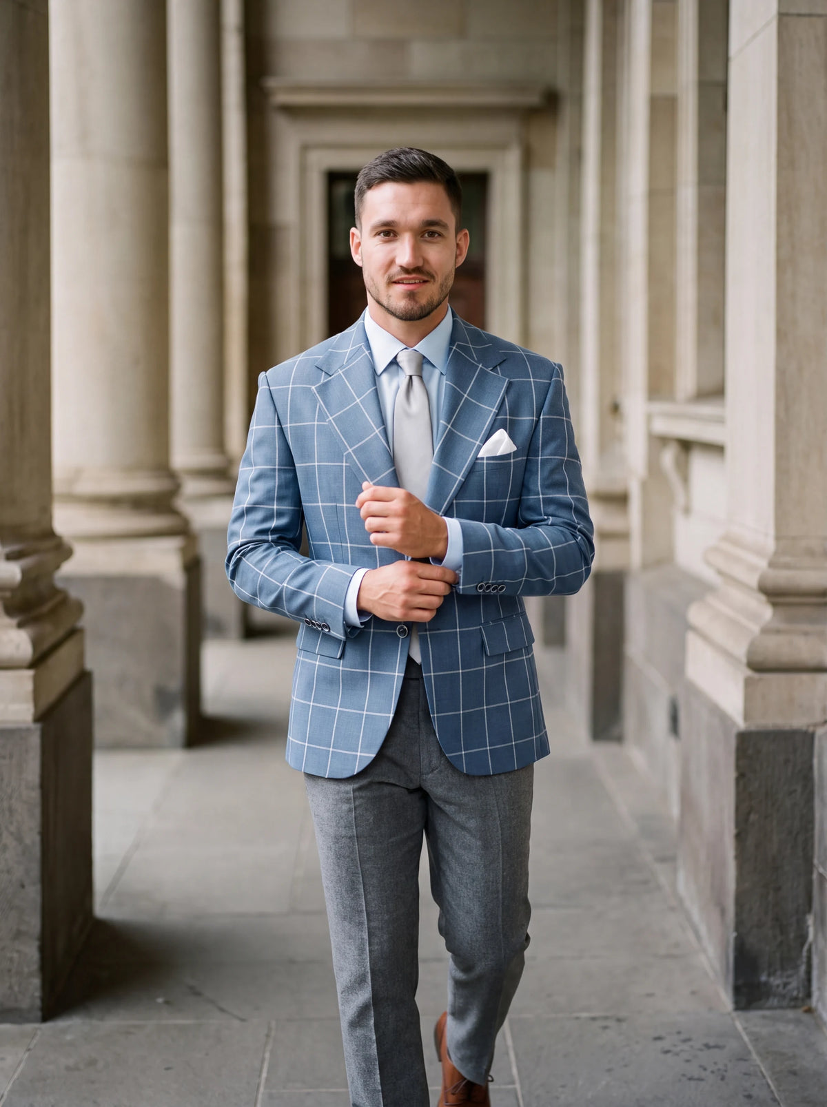 Ellis Blue Windowpane Jacket worn by a model, courthouse portico297