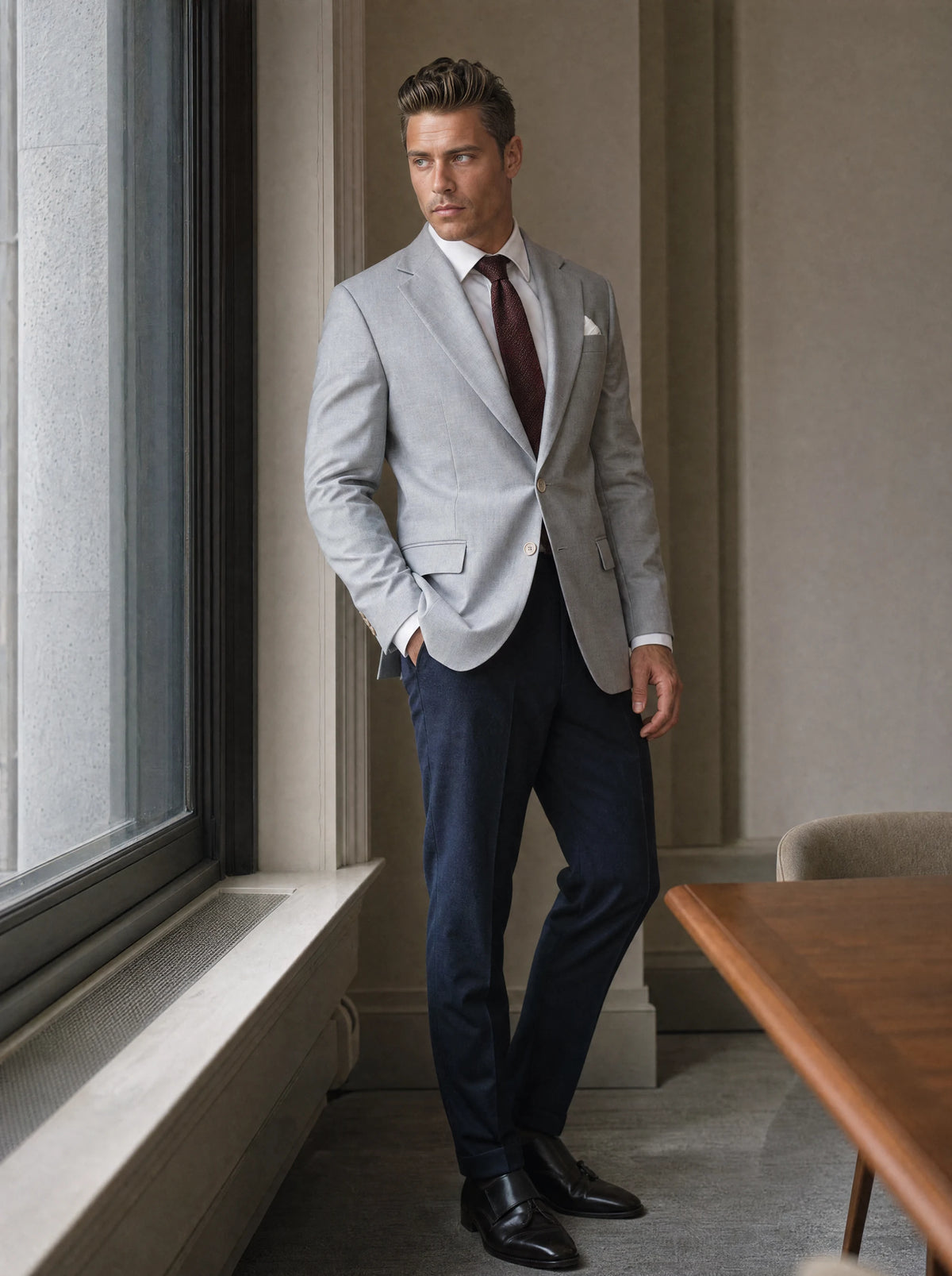 Powder Grey Twill Jacket worn by a model, bank office window412