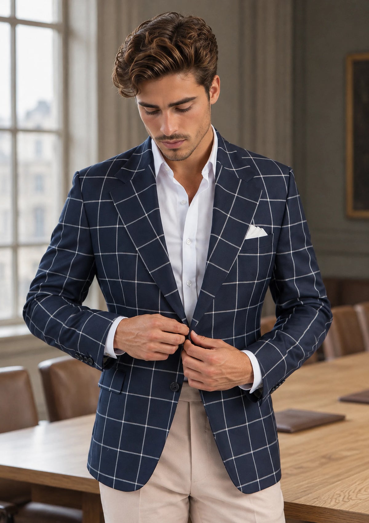 Regal Navy Windowpane Jacket worn by a model, law firm boardroom879