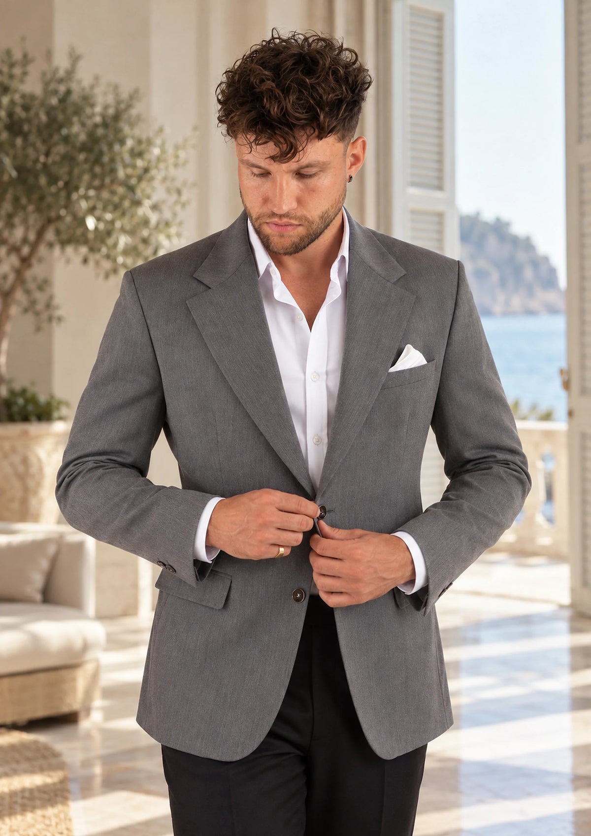 Light Grey Stretch Jacket worn by a model, coastal hotel lobby408