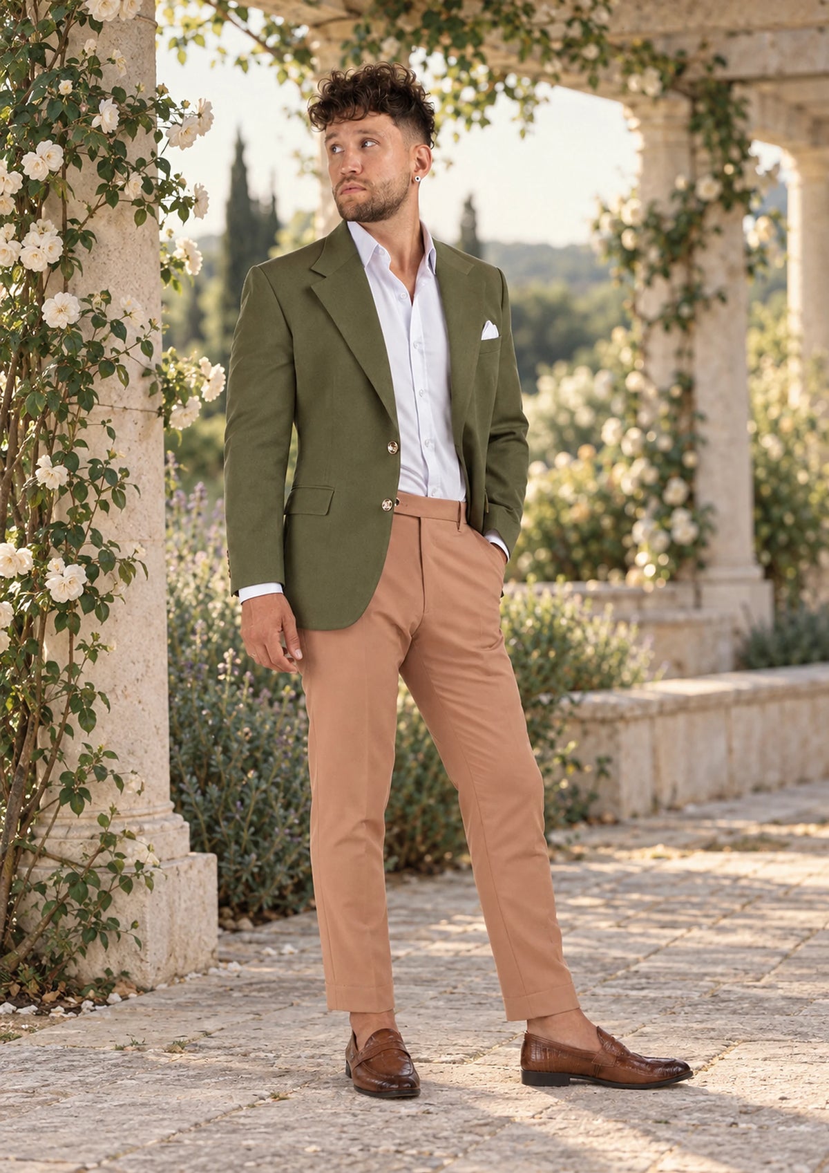 Ellis Olive Cotton Jacket worn by a model, garden wedding pergola878
