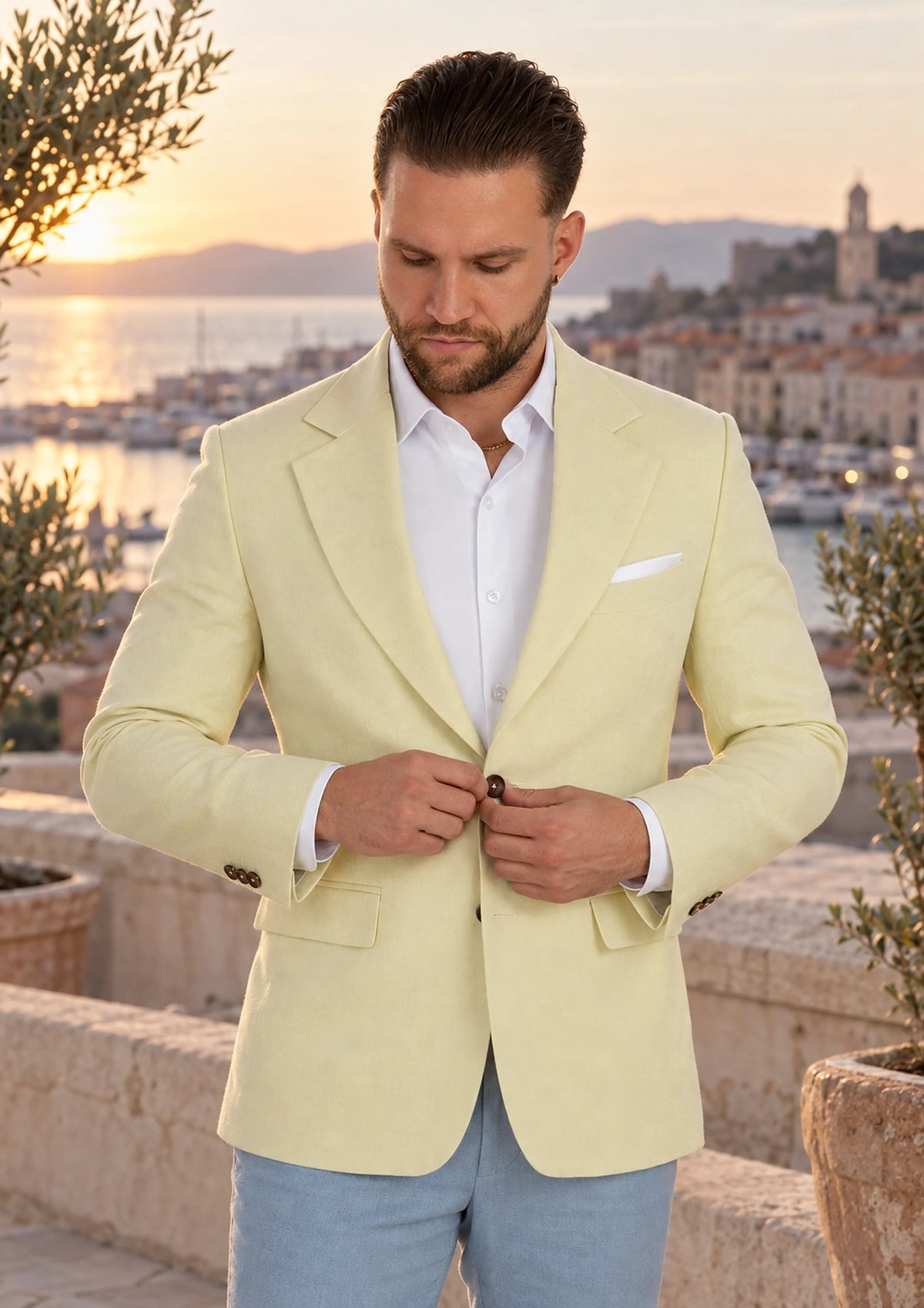 Olive Cream Linen Jacket worn by a model, riviera rooftop778