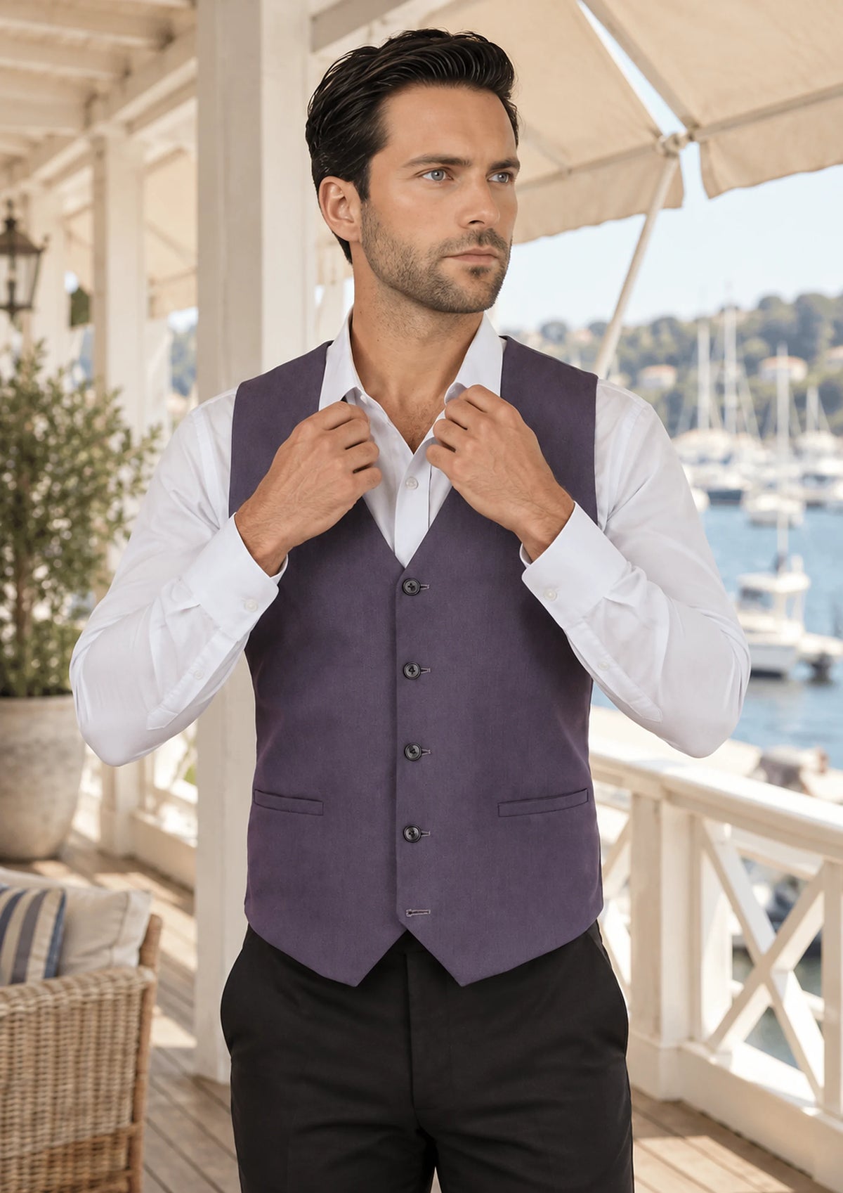 Eminence Purple Stretch Vest worn by a model, yacht club veranda758