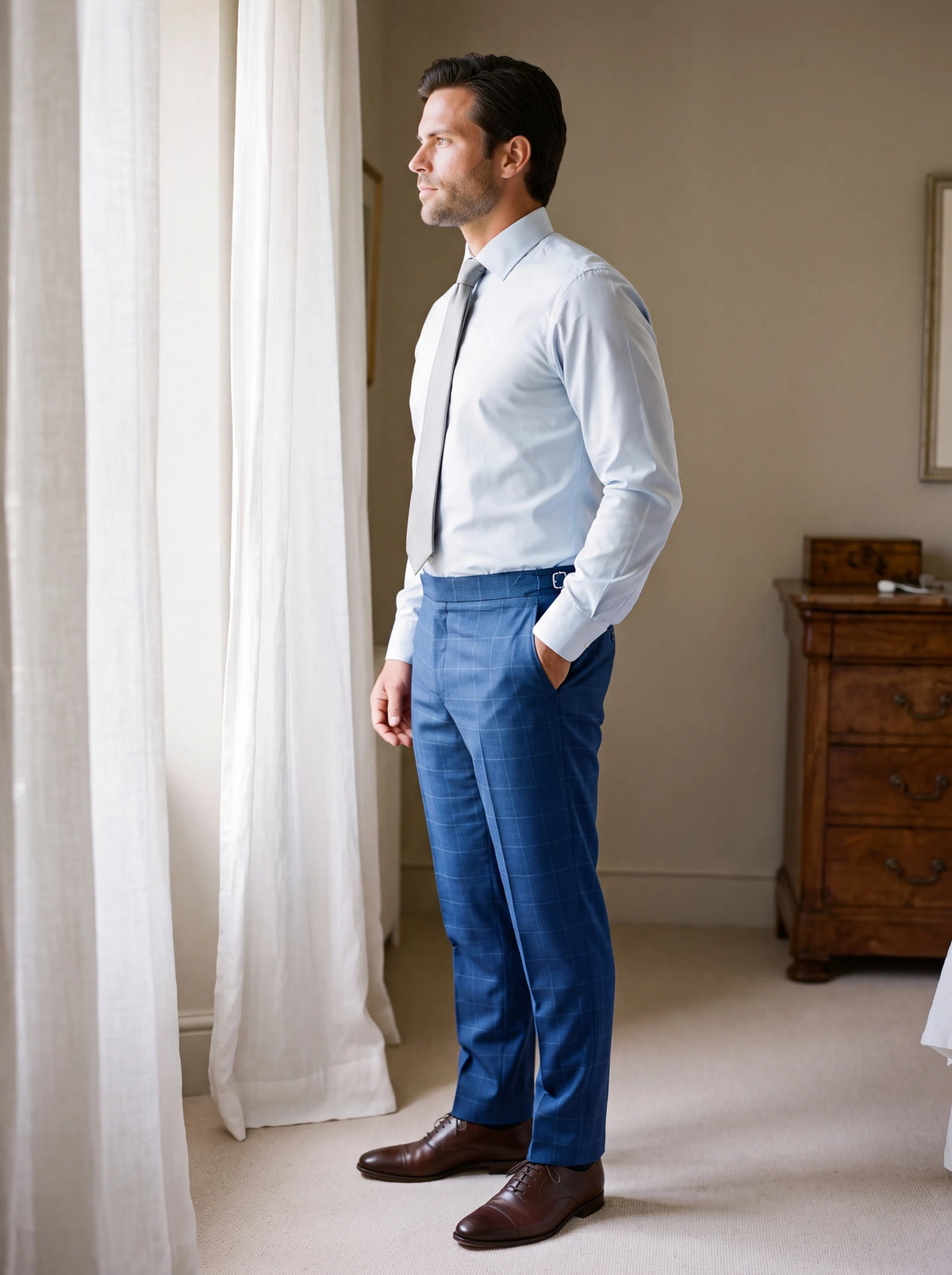 Empire Blue Windowpane Pants worn by a model, villa dressing room68