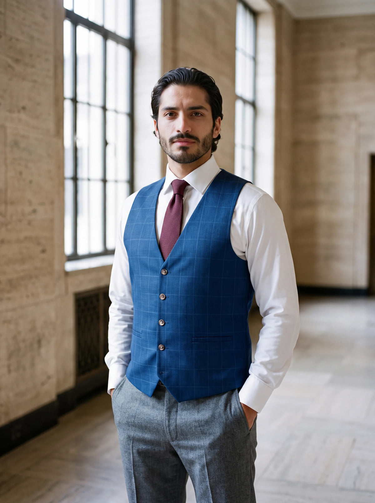 Empire Blue Windowpane Vest worn by a model, office lobby 1930s368
