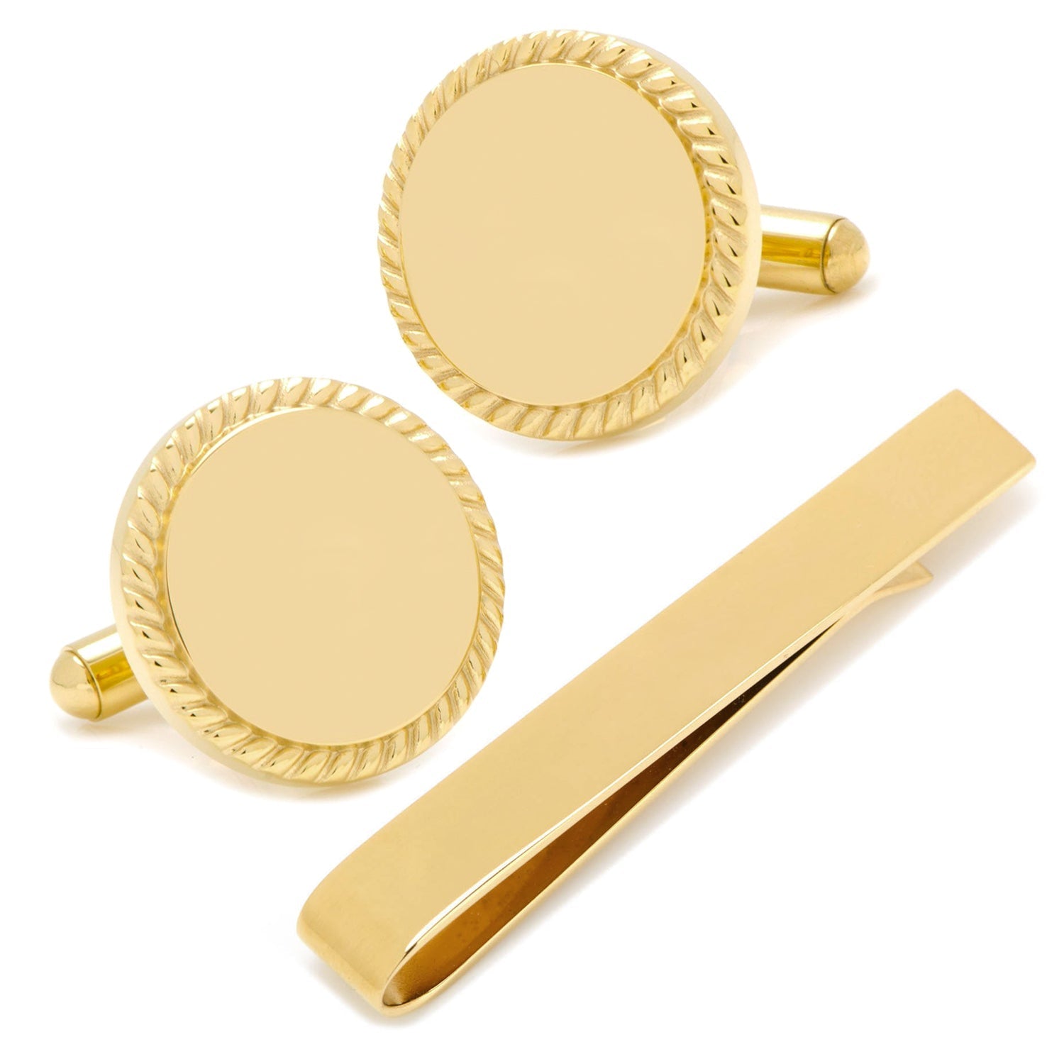 Engravable Gold Plated Rope Border Round Cufflinks and Tie Bar Gift Set148
