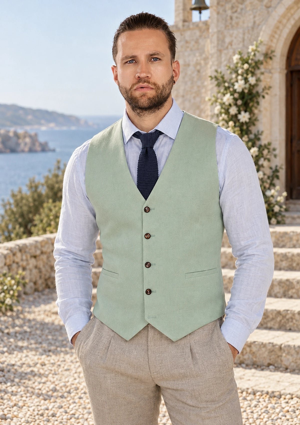 Fern Green Linen Vest worn by a model, summer chapel steps477