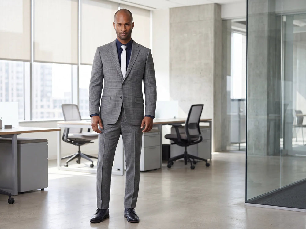 Well-fitted mid-grey Prince of Wales check suit on a man in a bright modern office