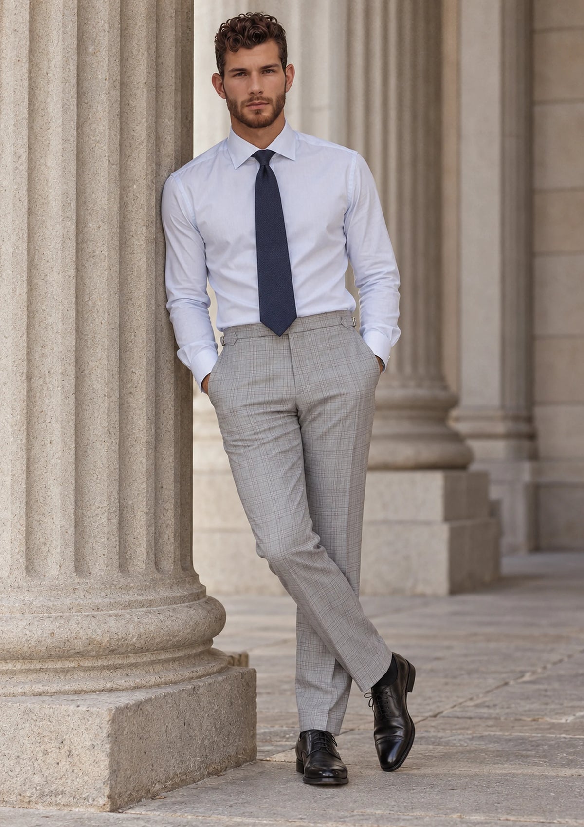 French Gray Checked Pants worn by a model, courthouse portico10
