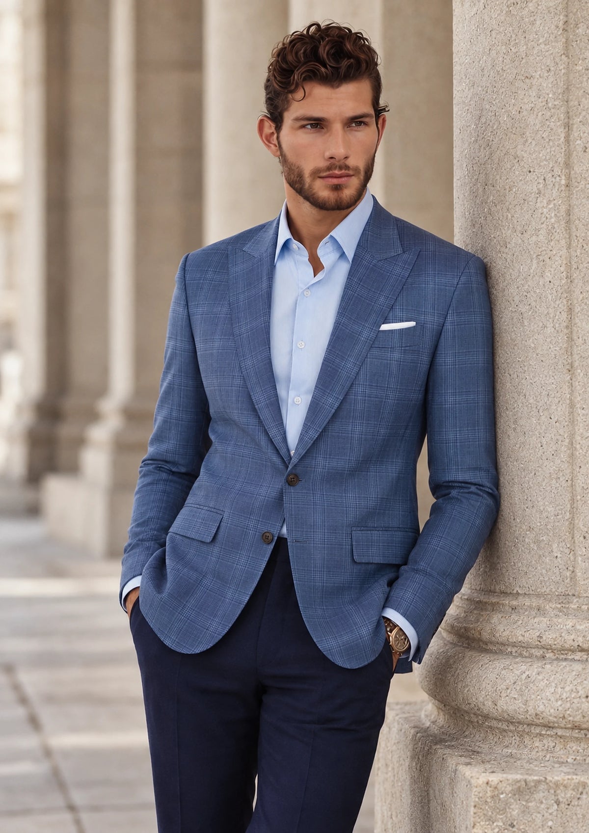 Fresno Blue Bryant Jacket worn by a model, courthouse portico563