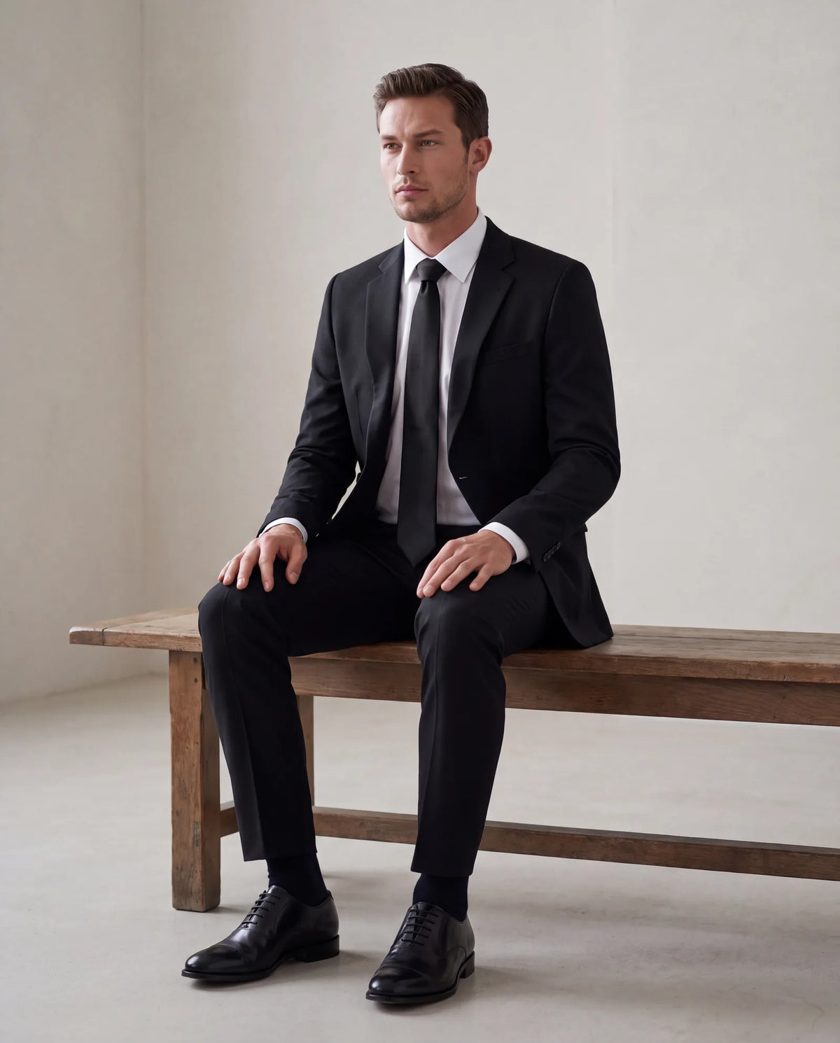 This black suit, white shirt and black tie are the traditional level, common at religious services and for older relatives.