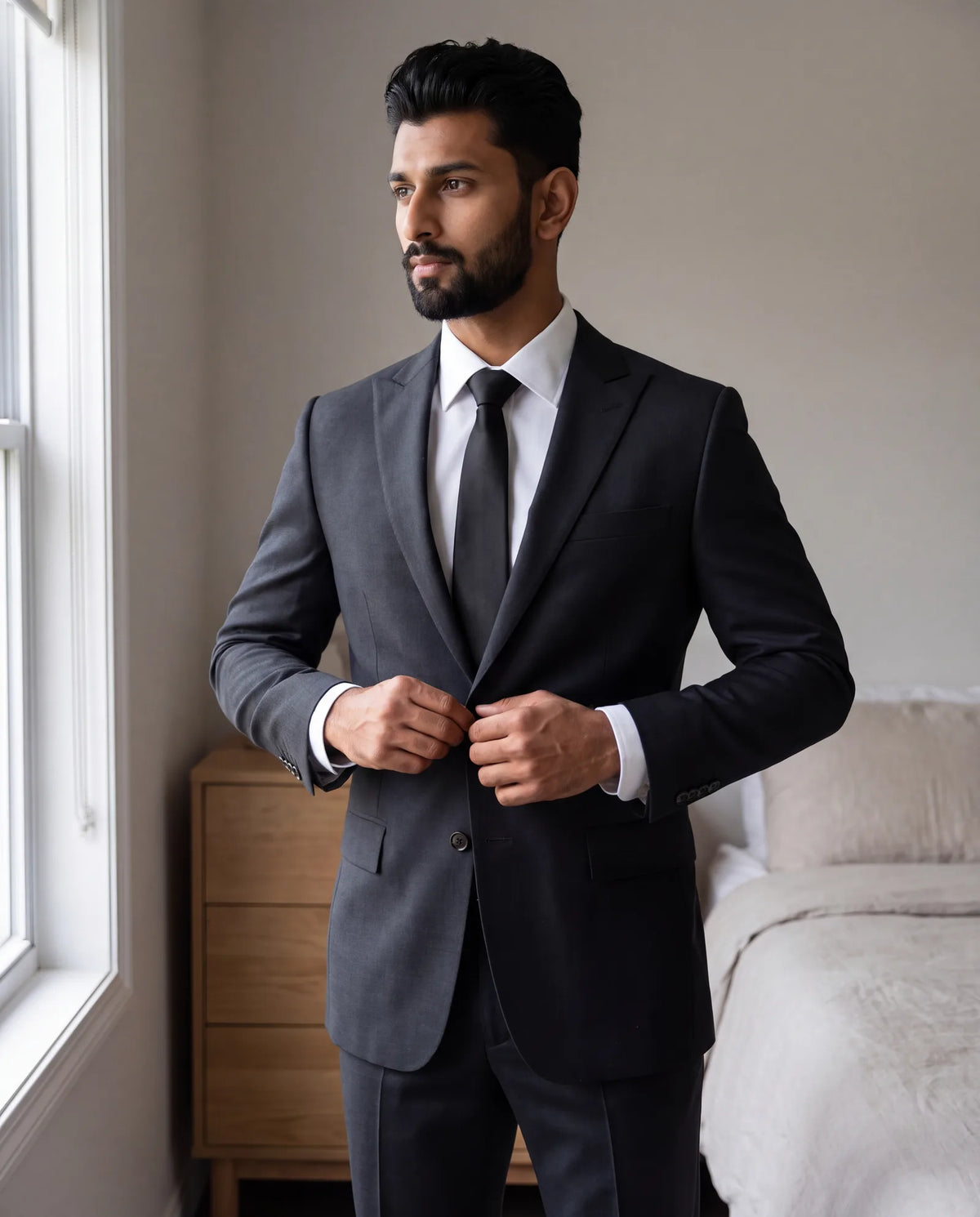 Try your own suit on at least two days ahead. The jacket should button without pulling across the stomach.