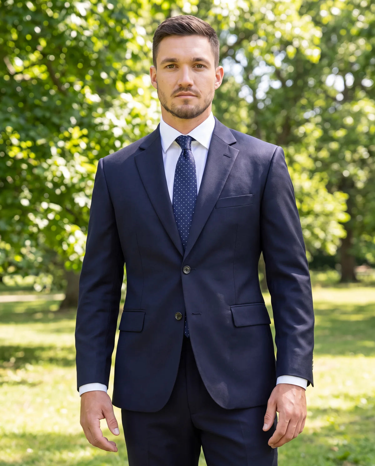 Dark navy works in summer too. Pick a breathable cloth, such as tropical or high-twist wool, and keep the jacket on during the service.
