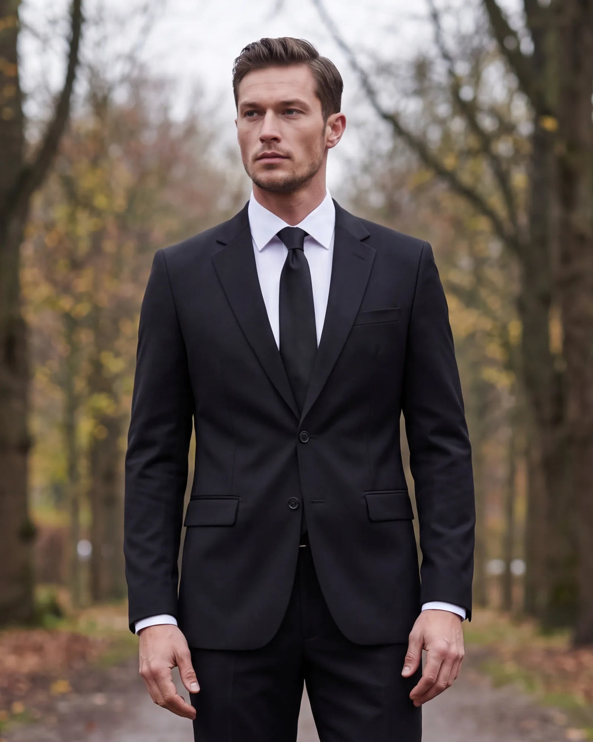 A black suit with a white shirt and black tie is the most traditional funeral outfit. Charcoal and dark navy are appropriate too.