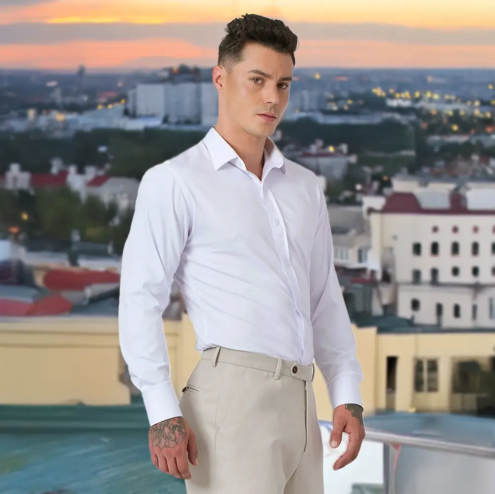 model in white shirt on rooftop