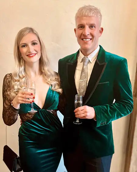 customer in green velvet tuxedo